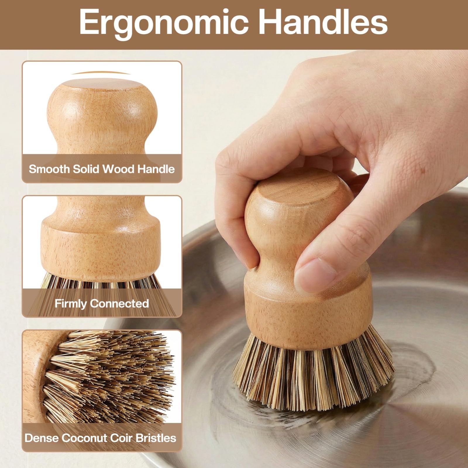 5 Pcs Bamboo Dish Brush Set – Wooden Handle, 3 Replaceable Bristle Heads & Wok S