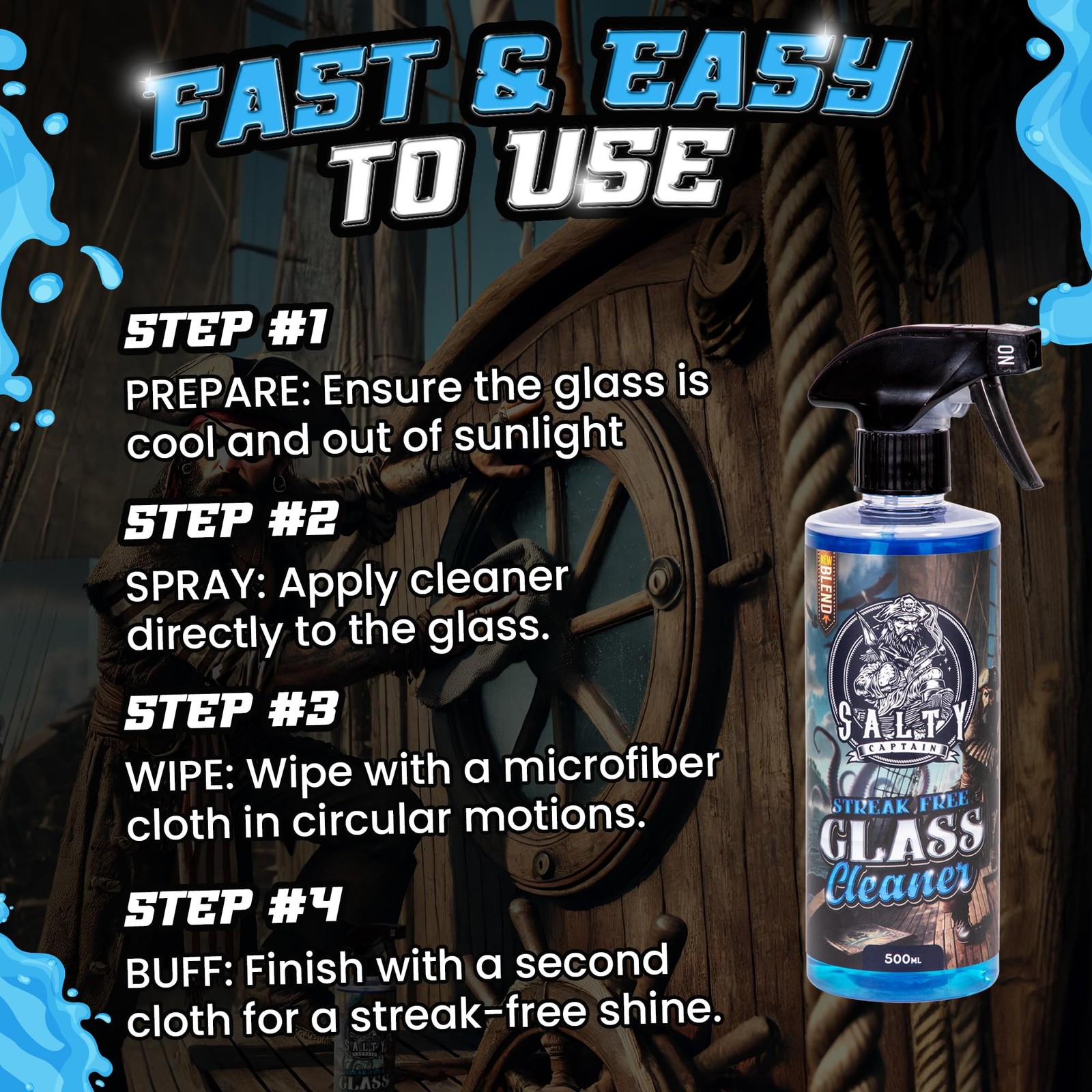 Salty Captain Glass Cleaner Spray 16.9oz – Streak-Free Car Window Cleaner – I…