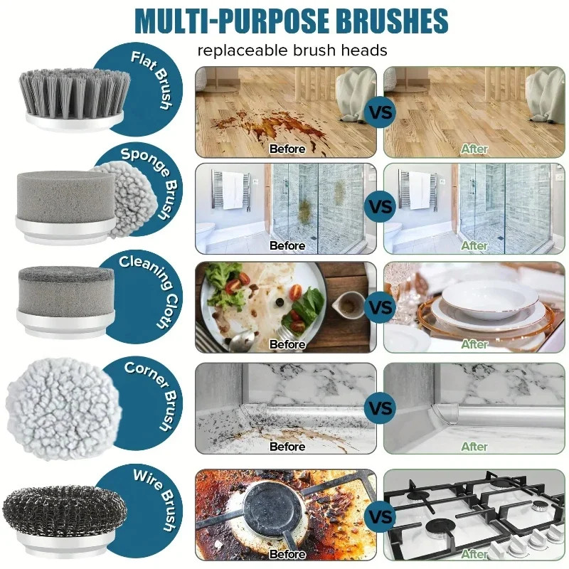 Electric Spin Scrubber Cordless Power Cleaning Brush 5 Brush Heads