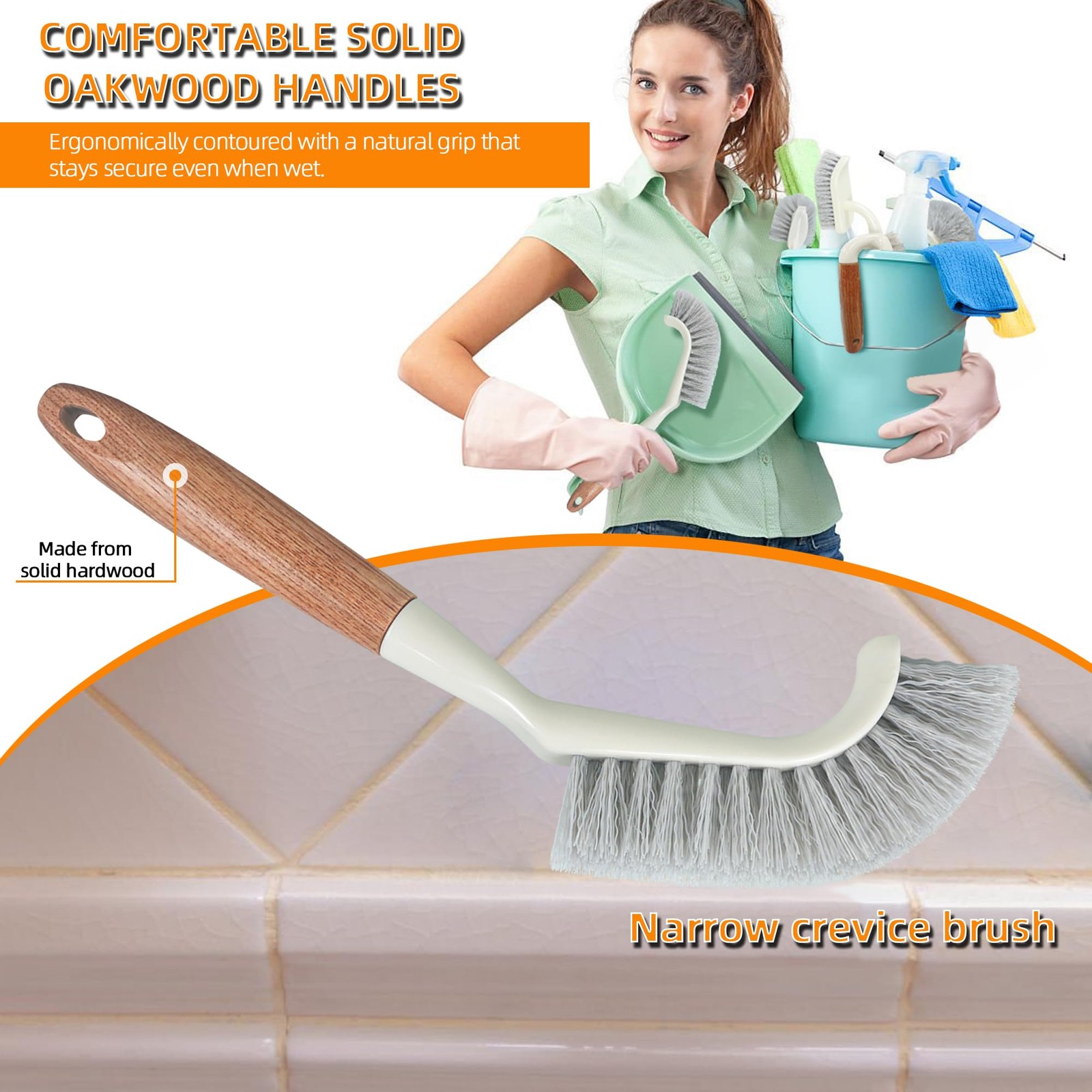 5-Pack Heavy Duty Scrub Brushes Set with Wooden Handles, Multi-Surface Scrubb…