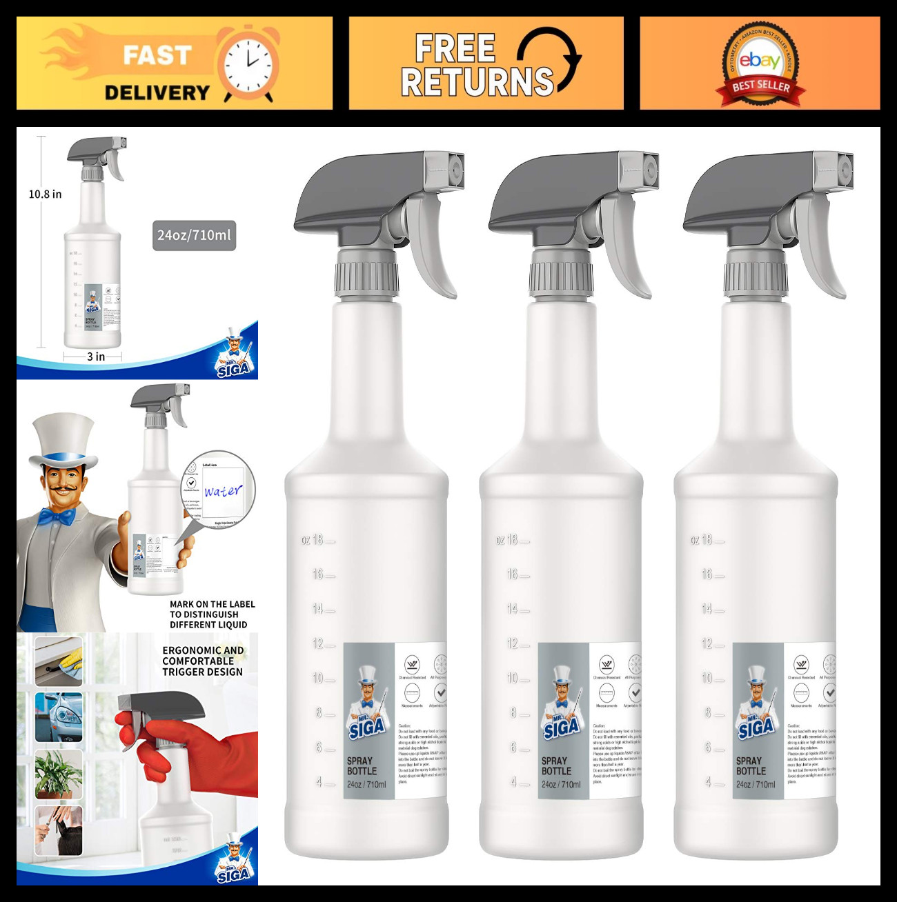 24 oz Empty Plastic Spray Bottles – Heavy Duty, Reusable, Adjustable Nozzle, 3 P