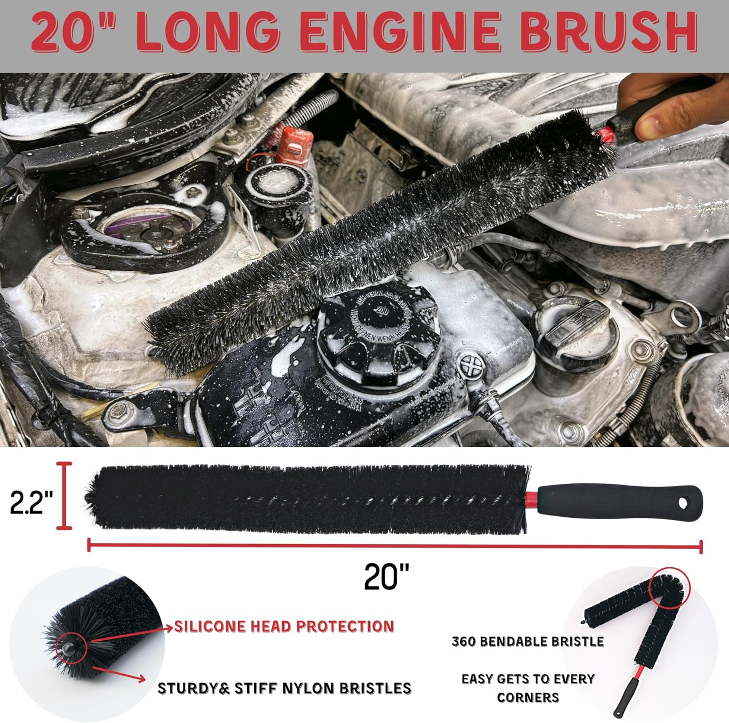 7PACK Car Engine Bay Details Cleaning Kit, Soft-Bristled Engine Surface Brush,Lo