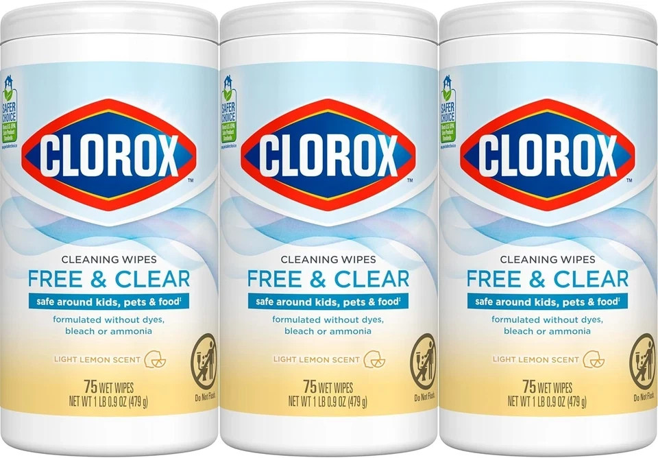 Free & Clear Cleaning Wipes Light Lemon Scent 75 Count Pack of 3 (Pack May Vary)