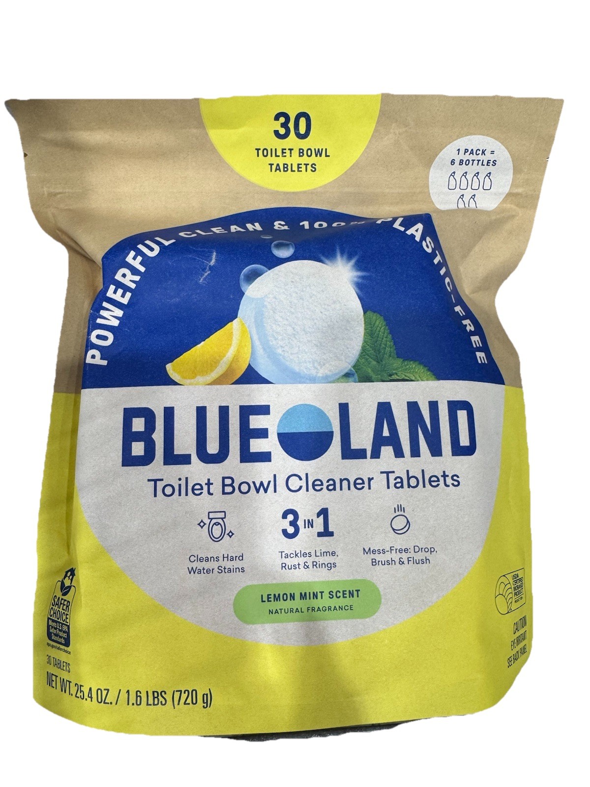 NEW Blueland 3 In 1 Toilet Bowl Cleaner Tablets, Lemon Mint, 30-count
