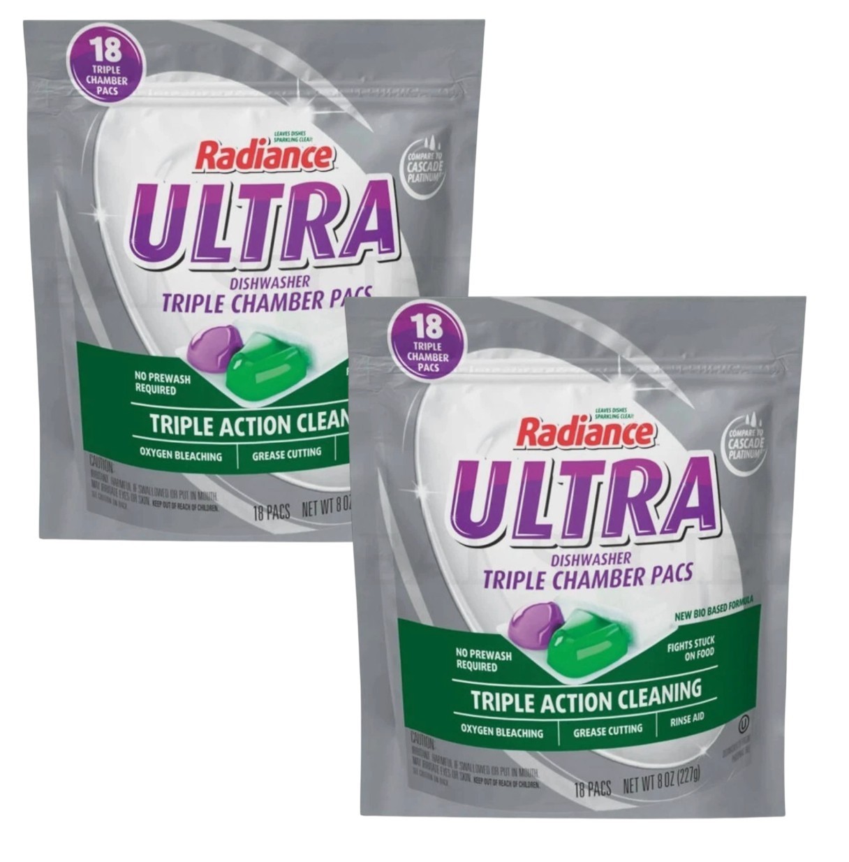 Radiance Triple Chamber Ultra Dishwasher Detergent Pacs 18 Count Each Lot of 2