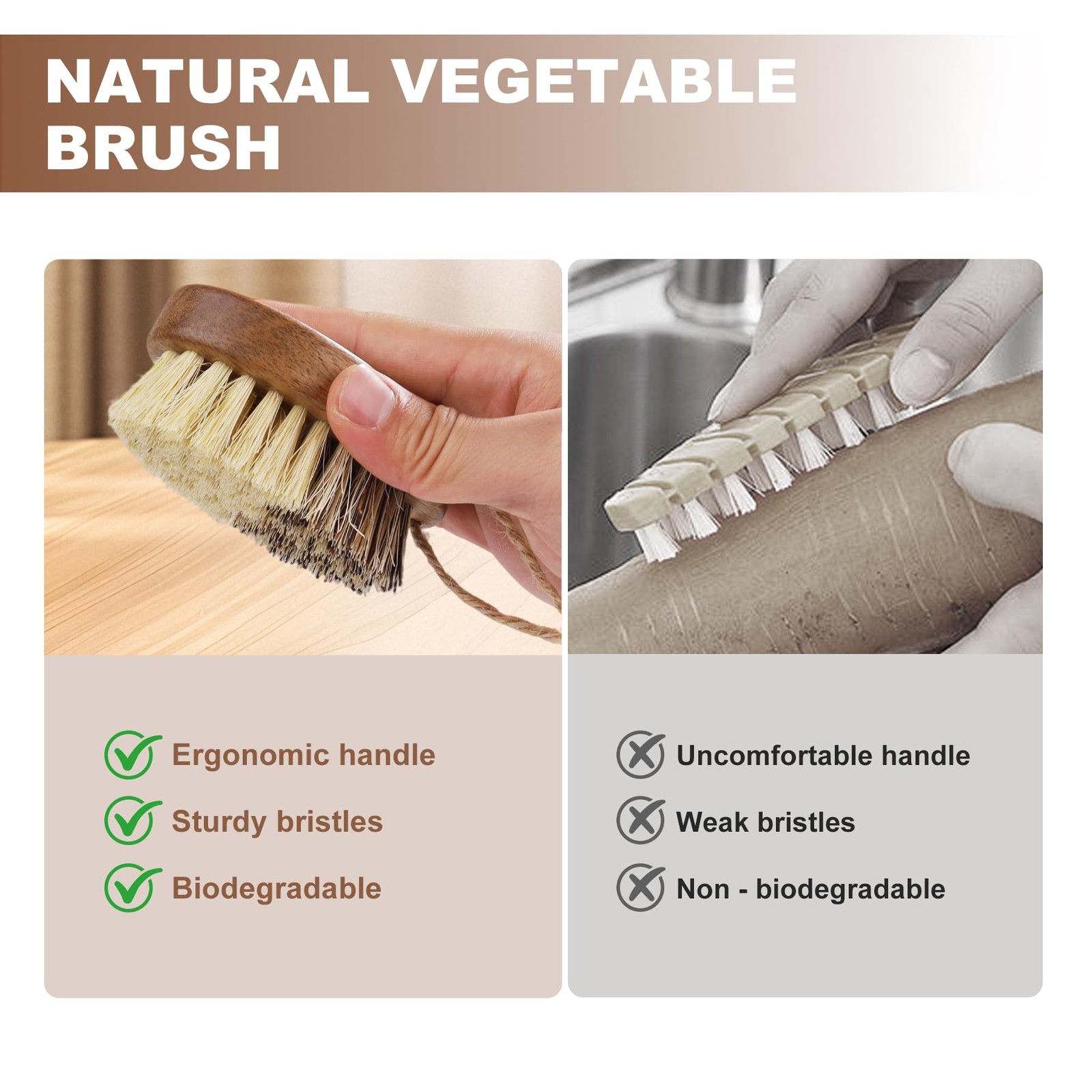 Wooden Vegetable Brush Scrubber for Food – Dual Bristle Sisal & Palm Fiber wit