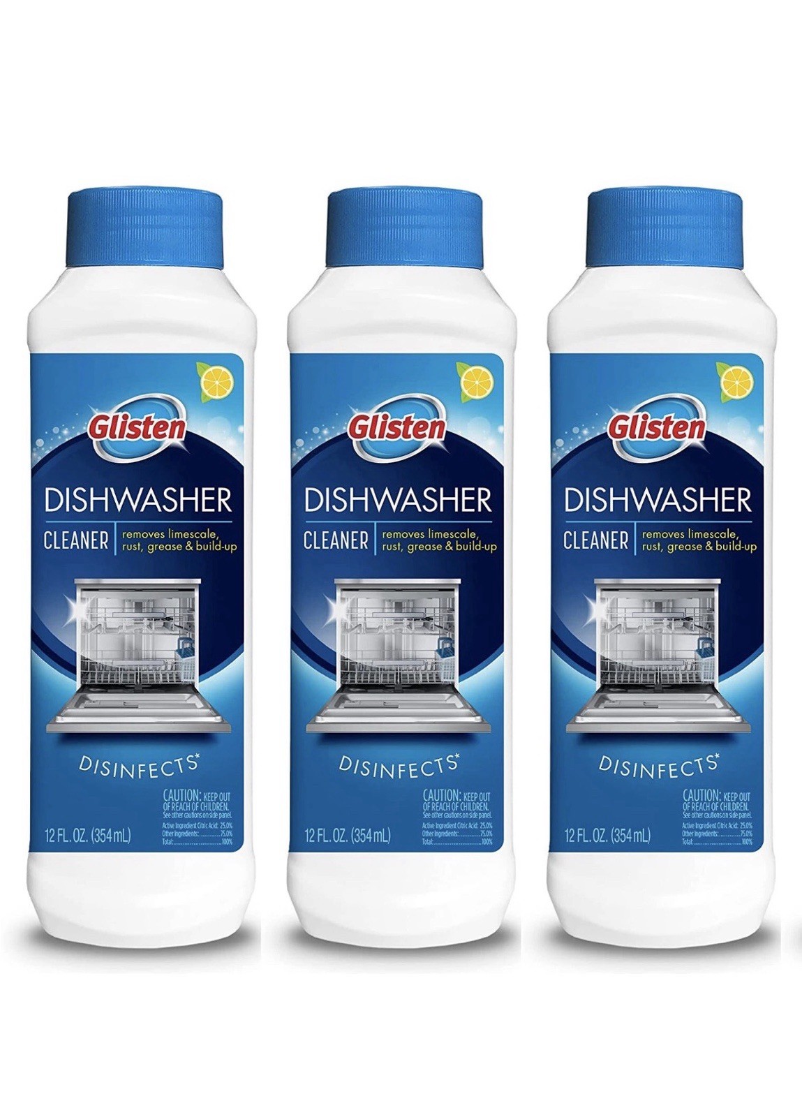 Glisten Dishwasher Cleaner Lemon 3 Pack 12 oz – Removes Limescale Rust Grease