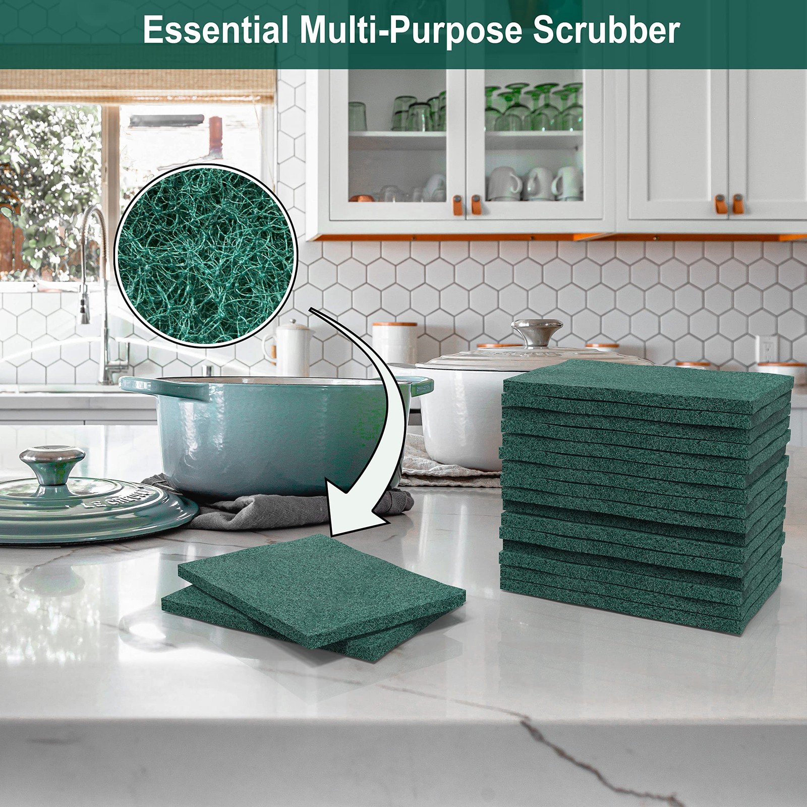 100 Pack Heavy Duty Scouring Pads 3×4 Inch – Green Scrubbing Pads, Non Scratc…