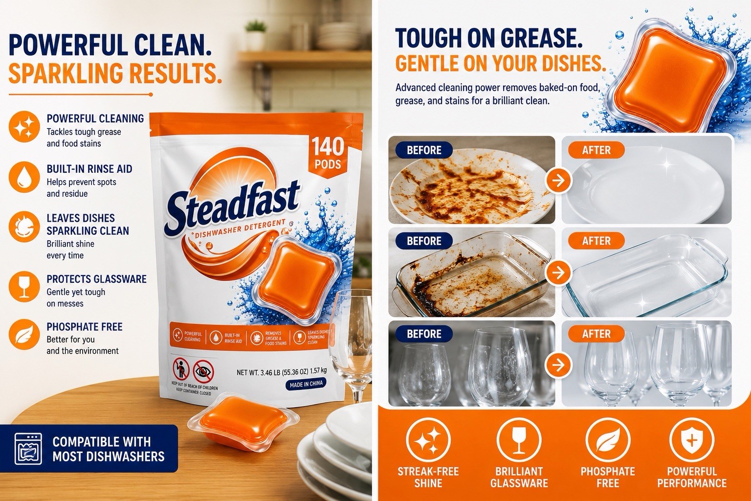 Steadfast Dishwasher Pods 140 Count Orange Formula Powerful Grease Cleaner