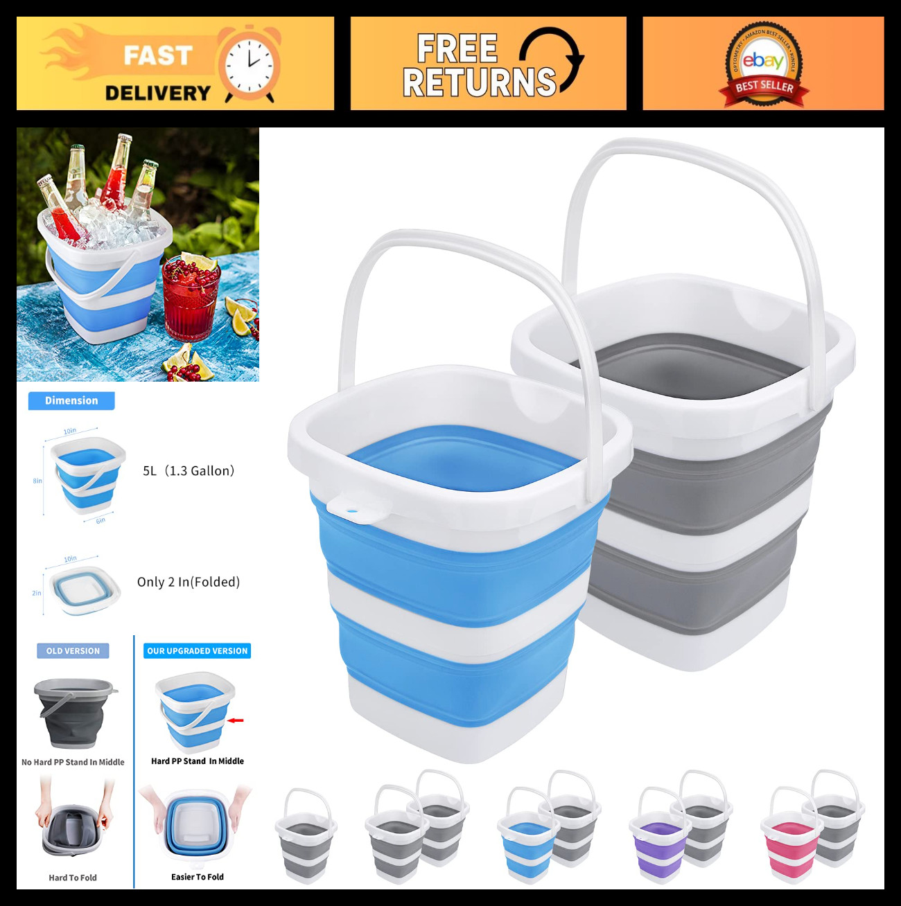 2 Pack 5L Collapsible Buckets – Portable Cleaning & Camping Tub, Foldable Water