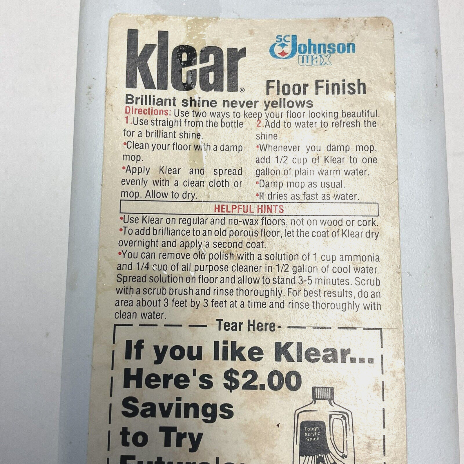 NEW SC Johnson Vintage Klear Floor Finish 27oz. 1984 No Buff Shine Movie Prop