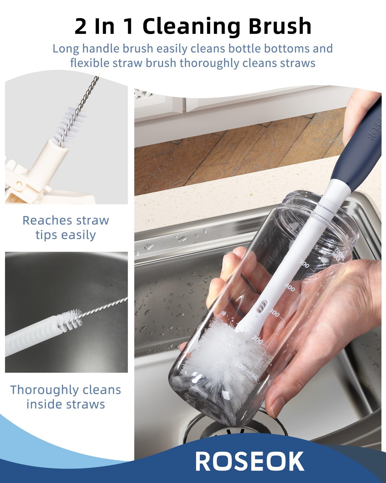 2 in 1 Long Handle Bottle Brush with Straw Brush for Cleaning Glass, Sports B…