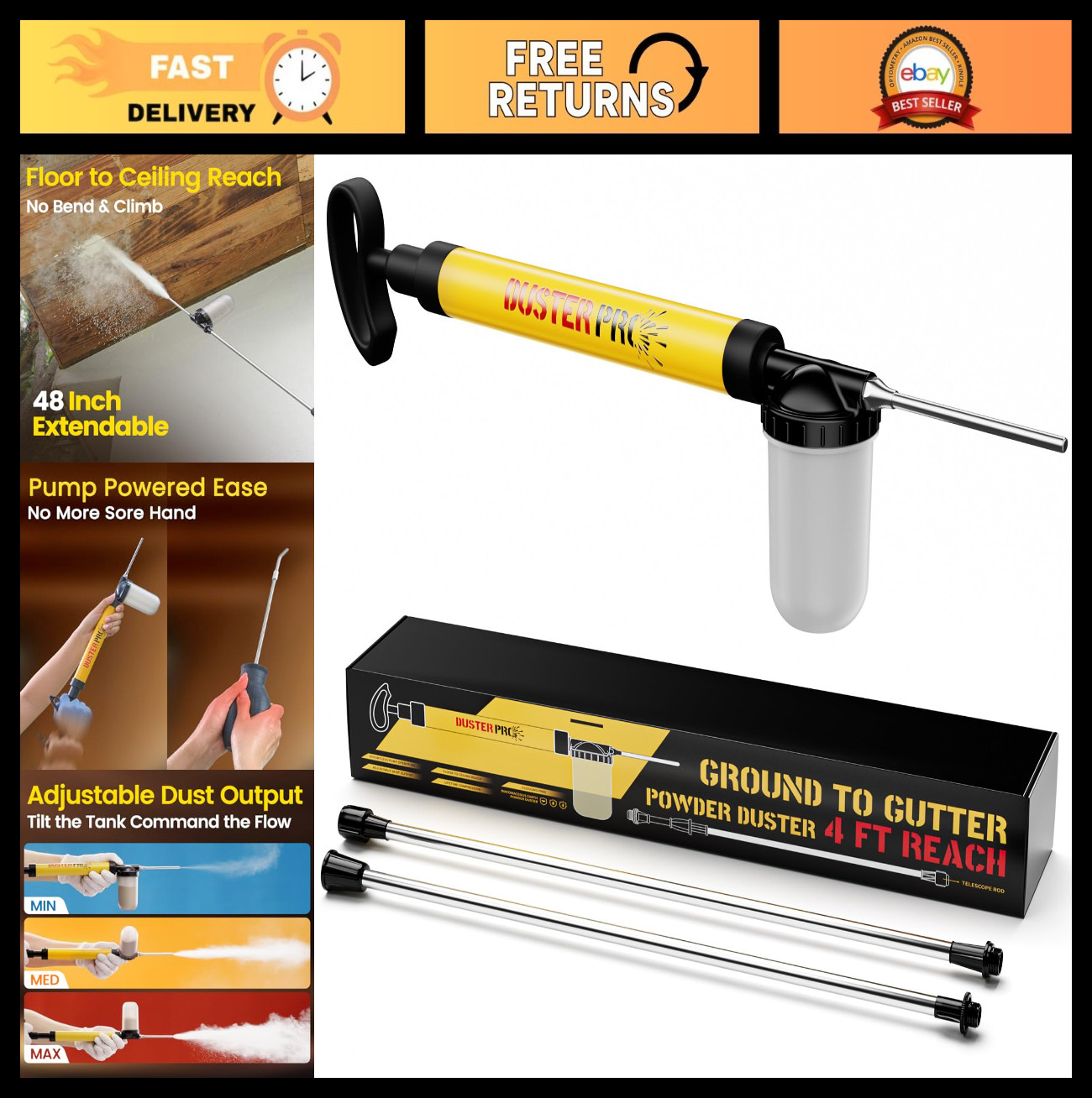 Diatomaceous Earth Powder Duster 4FT Adjustable Pump Applicator & Sprayer