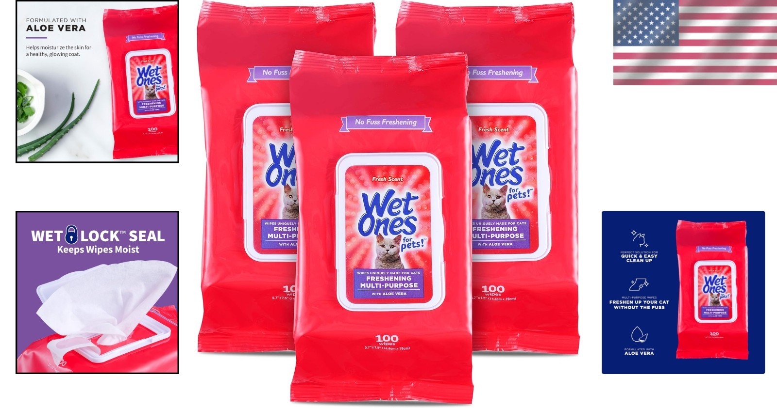 All Life Stages Cat Wipes 100 Count Aloe Vera Freshening Grooming Solution Pack