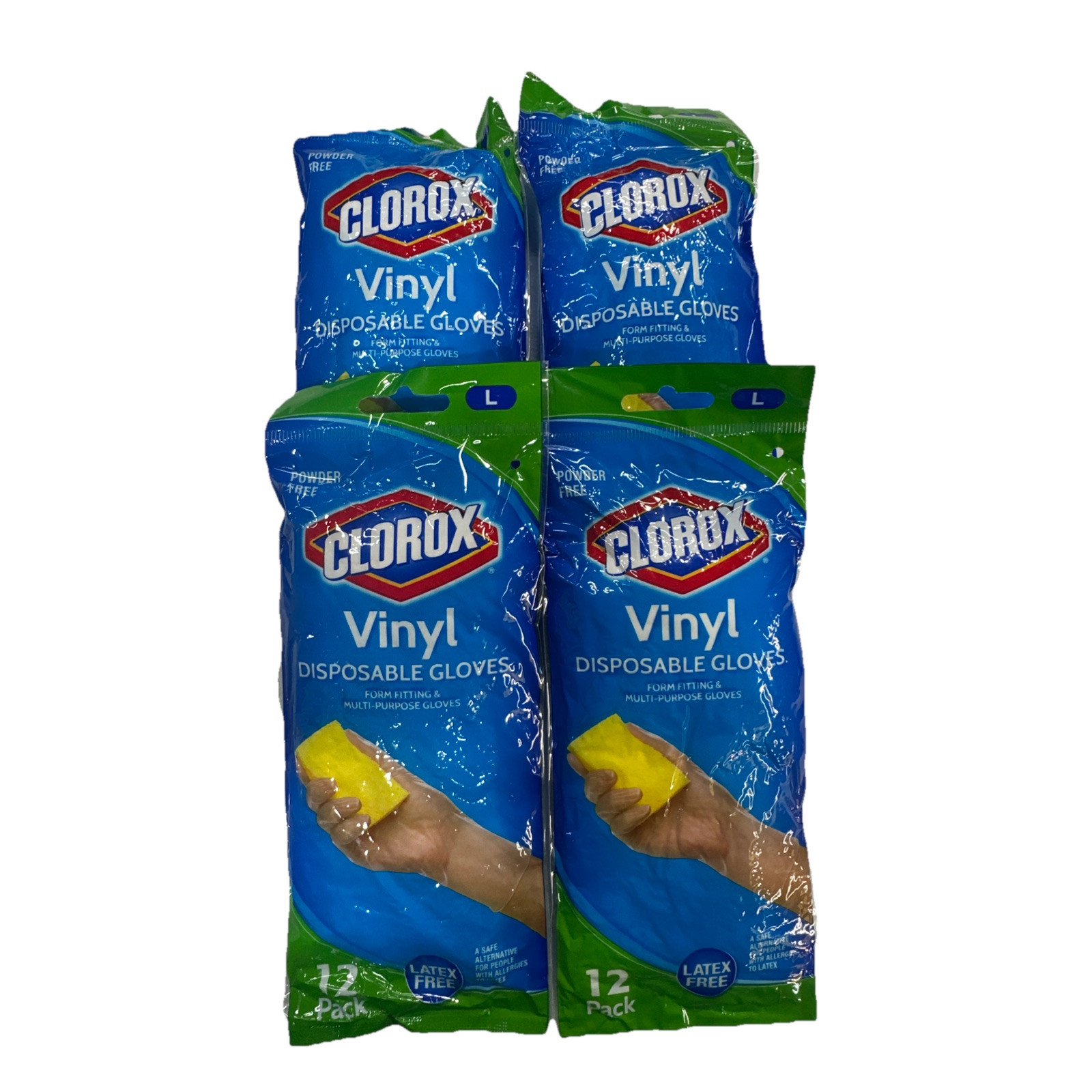 Lot Of 4! Clorox Disposable Vinyl Gloves Latex Free, 12 Count Pack, Large