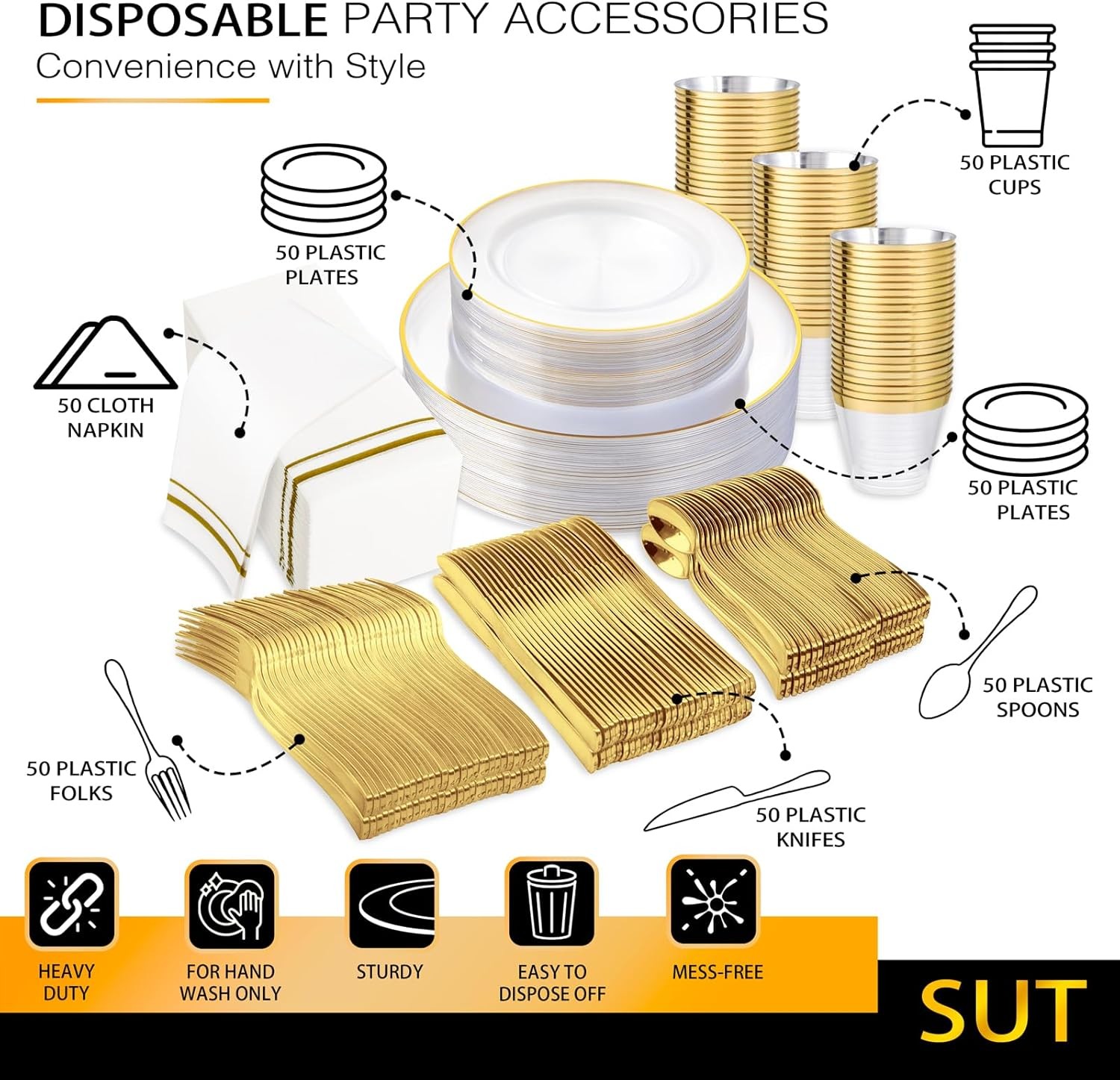 SUT 350Pcs Plastic Dinnerware Set for 50 Guests, Clear and Gold Plastic Plates