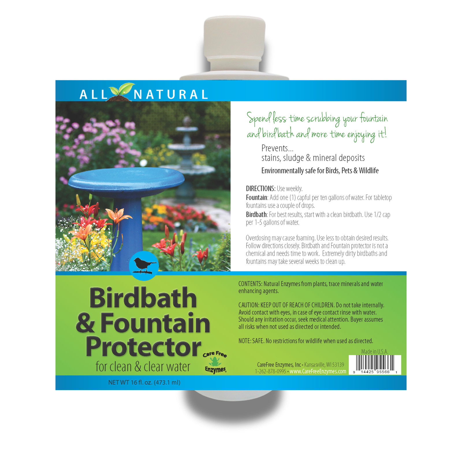 Natural Bird Bath & Fountain Protector | Keeps Water Clear & Slime-Free | 8 oz &