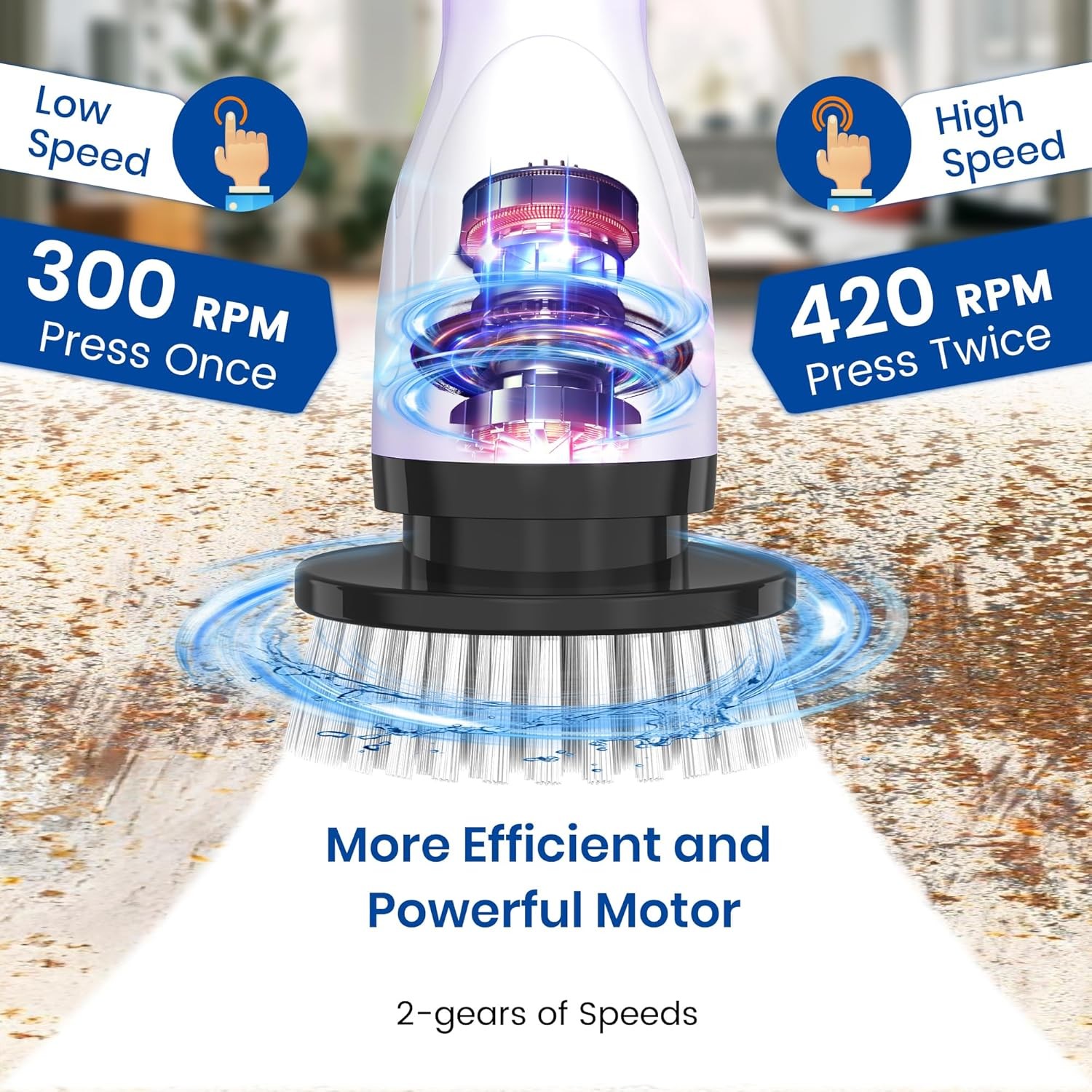Electric rotating cleaning brush, IPX7 waterproof rating, extended handle.