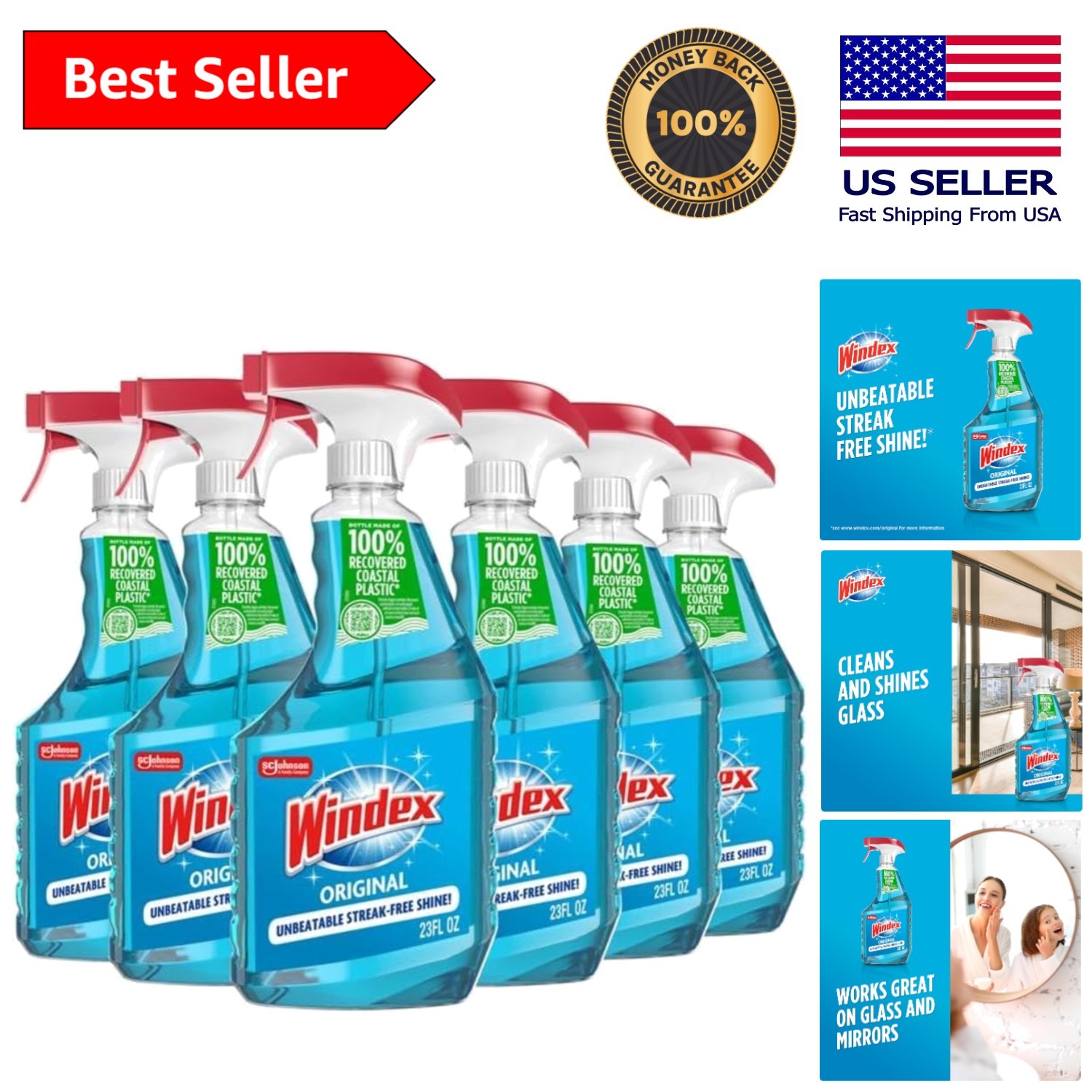 Ammonia-Free Window Cleaner – 138 oz Total Pack of 6 Recycled Spray Bottles