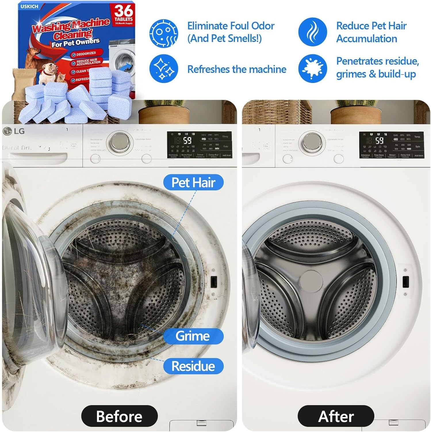Washing Machine Cleaner Tablets 36 Pack Pet Hair Odor Remover HE Washer Top NEW*