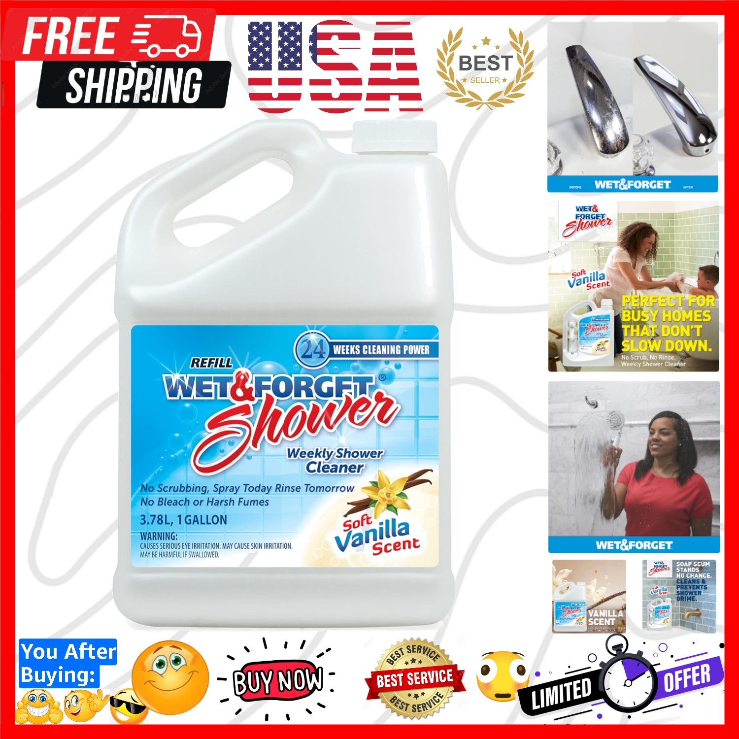 Shower Cleaner Multi-Surface Weekly No Scrub, Bleach-Free Formula Vanilla Sce…