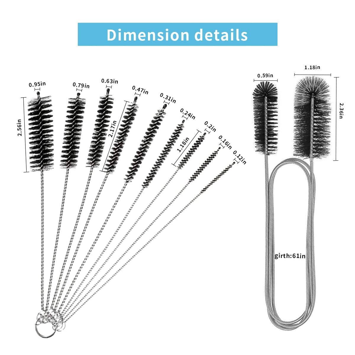 Double Ended Hose Brush, 8.2Inch Nylon CPAP Cleaner, 10Pcs, Black