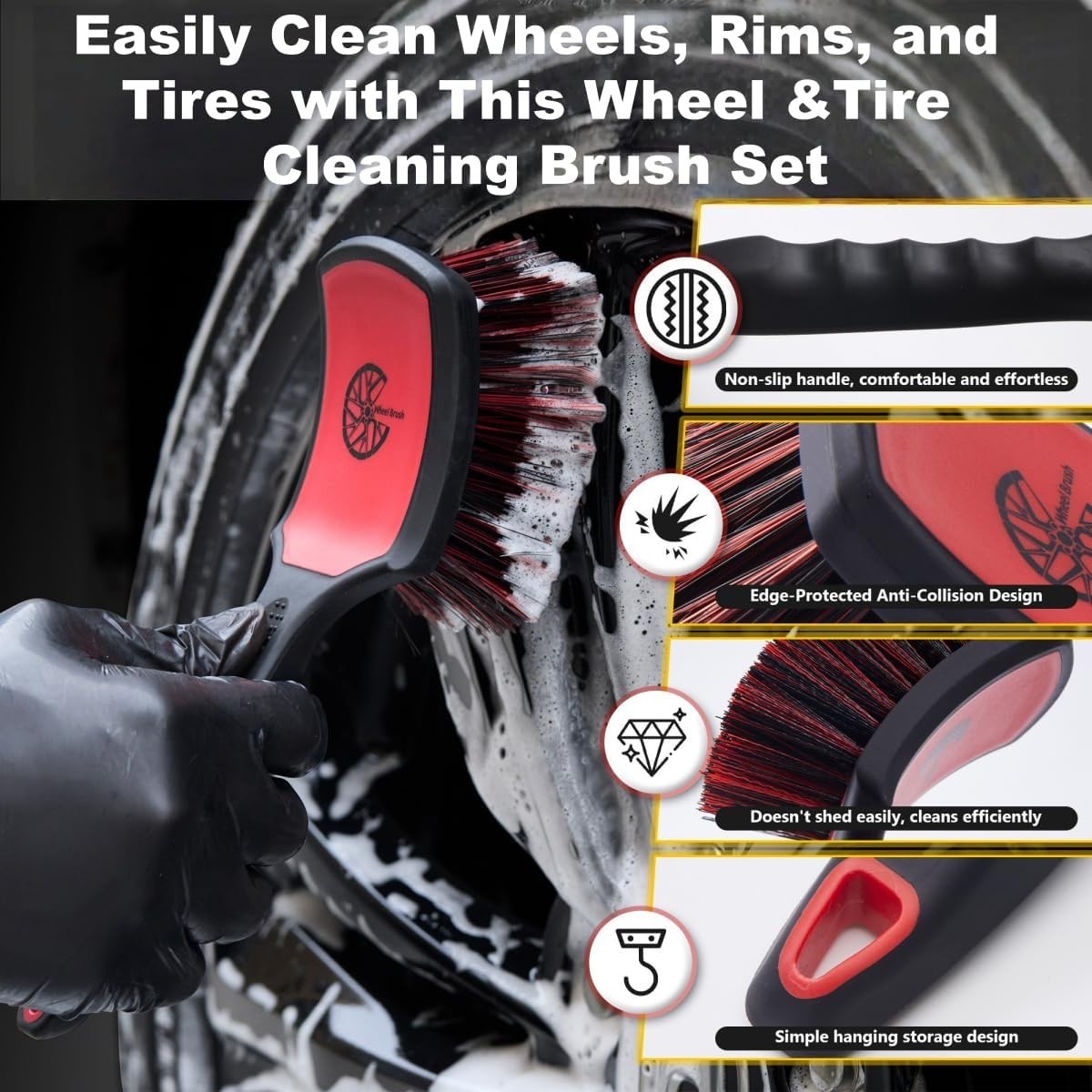 Car Wheel & Tire Brush Set, 2Pack Tire Brush and Wheel Rim Brush, Soft & Stif…
