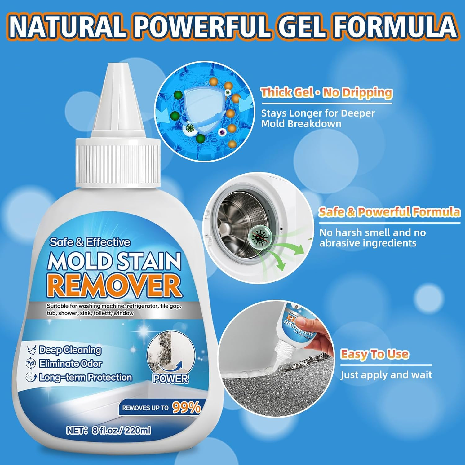 Home Mold Stain Remover Gel for Washer Seal, Thick No Scrub Mold Cleaner for Fro