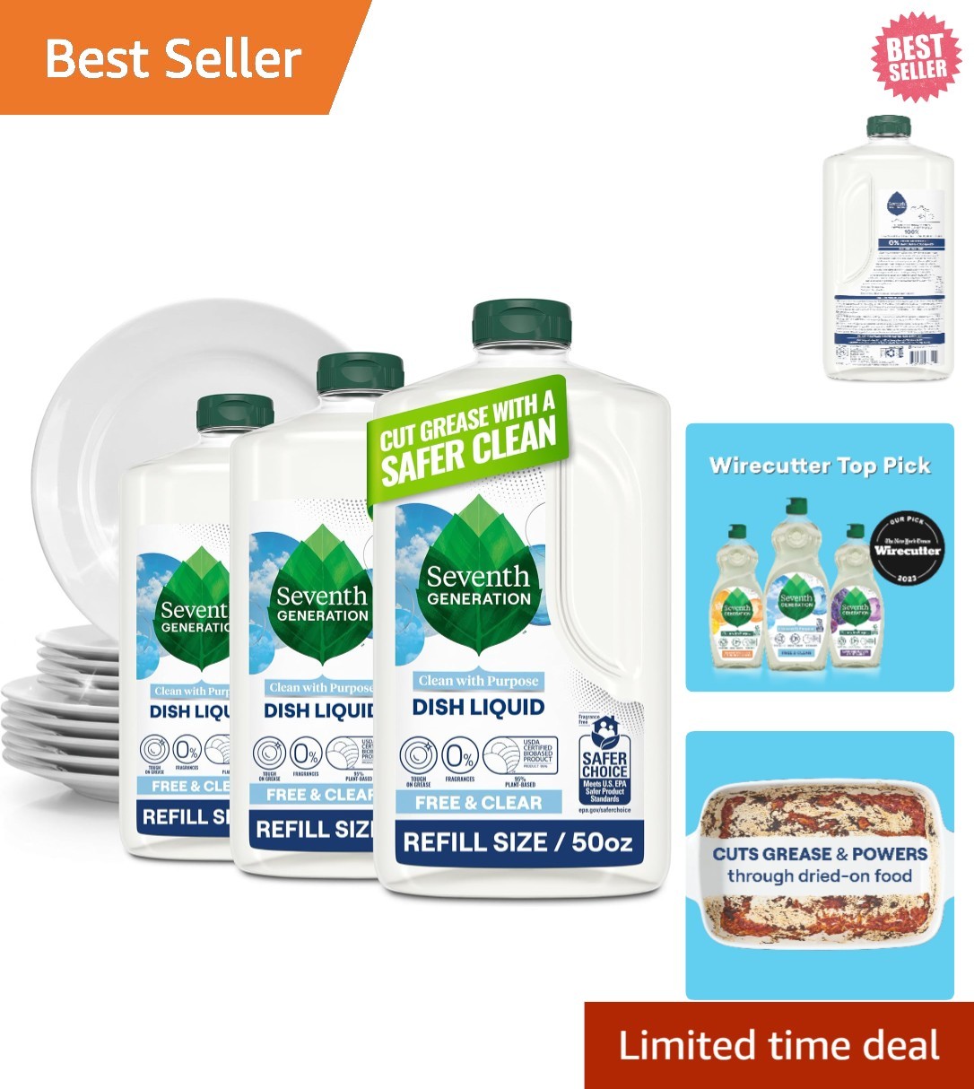 Seventh Generation Dish Soap Refill, Free & Clear, 50 fl oz, 3 Pack, Free Ship
