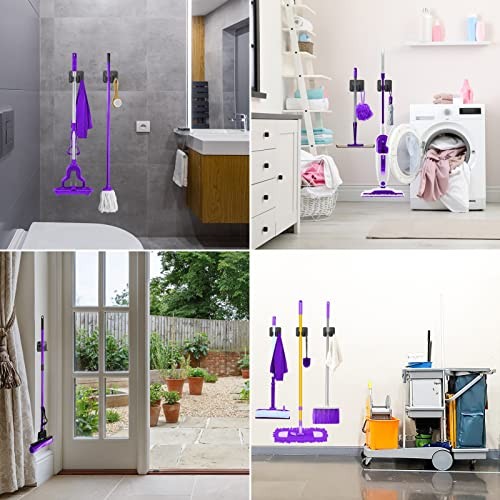 Stainless Steel Broom Mop Holder Wall Mount Rack 4 Gripper Positions 4 Hooks Bla