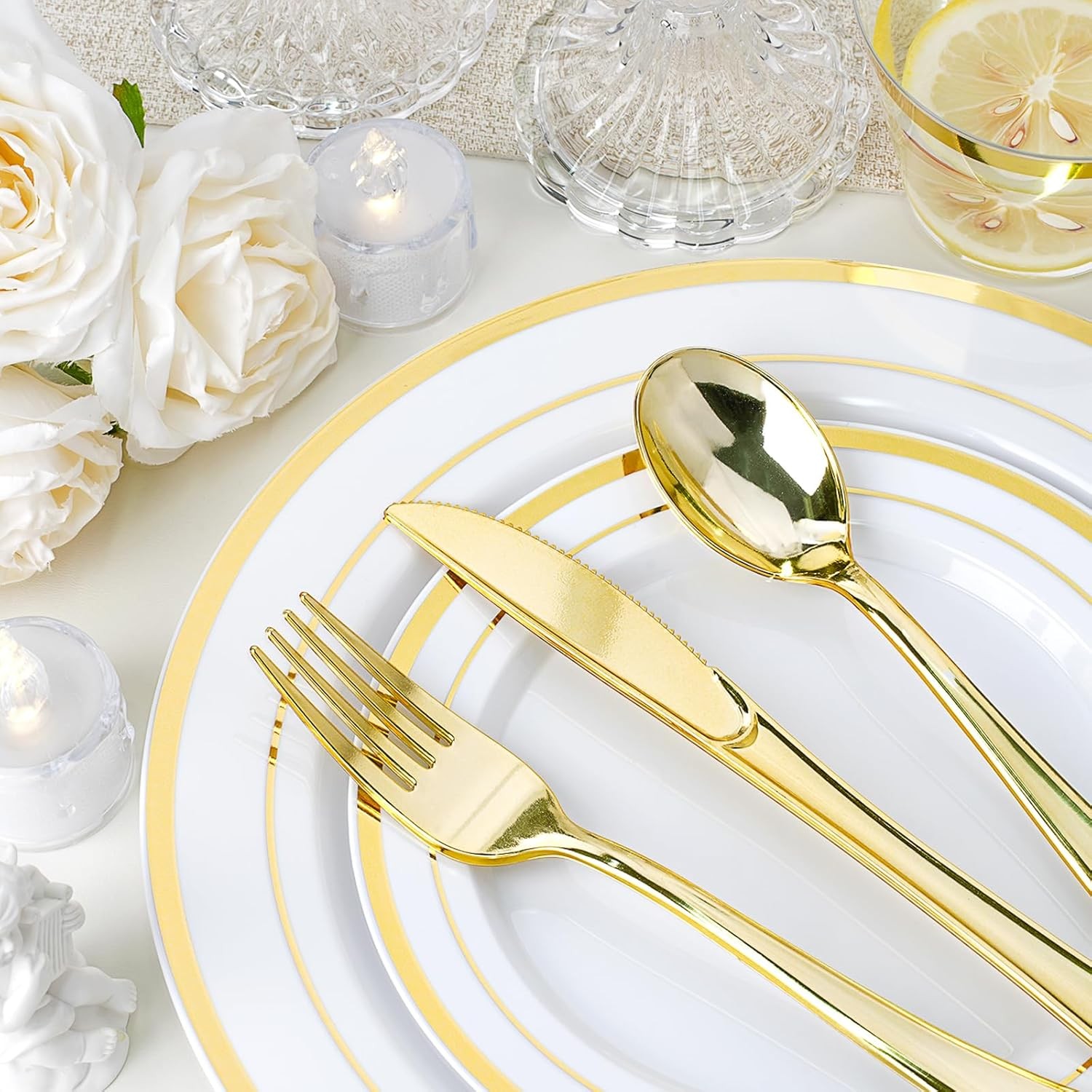 realluck 350 PCS White and Gold Plastic Dinnerware Set for 50 Guests, 100 Disp