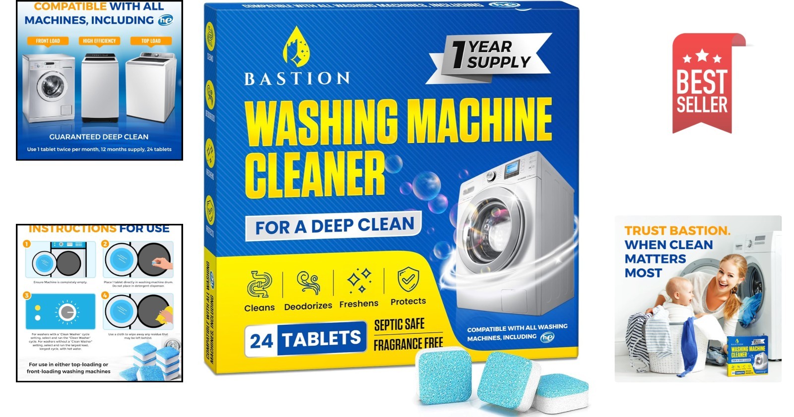 Bastion Washing Machine Cleaner, Deodorizer, & Descaler – 24 pack