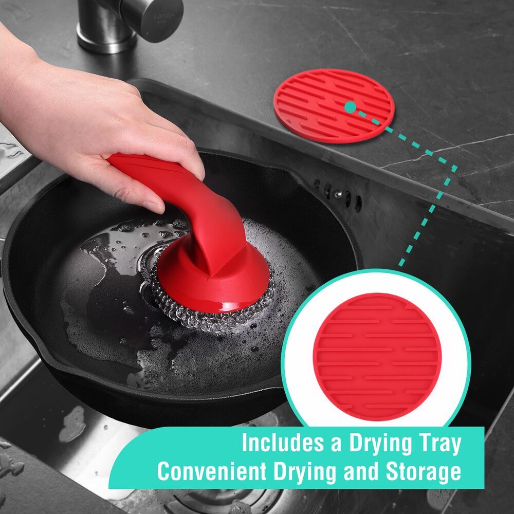 HAUSHOF Cast Iron Scrubber with Long Handle Kitchen Cleaning Kit for Grill Dutch