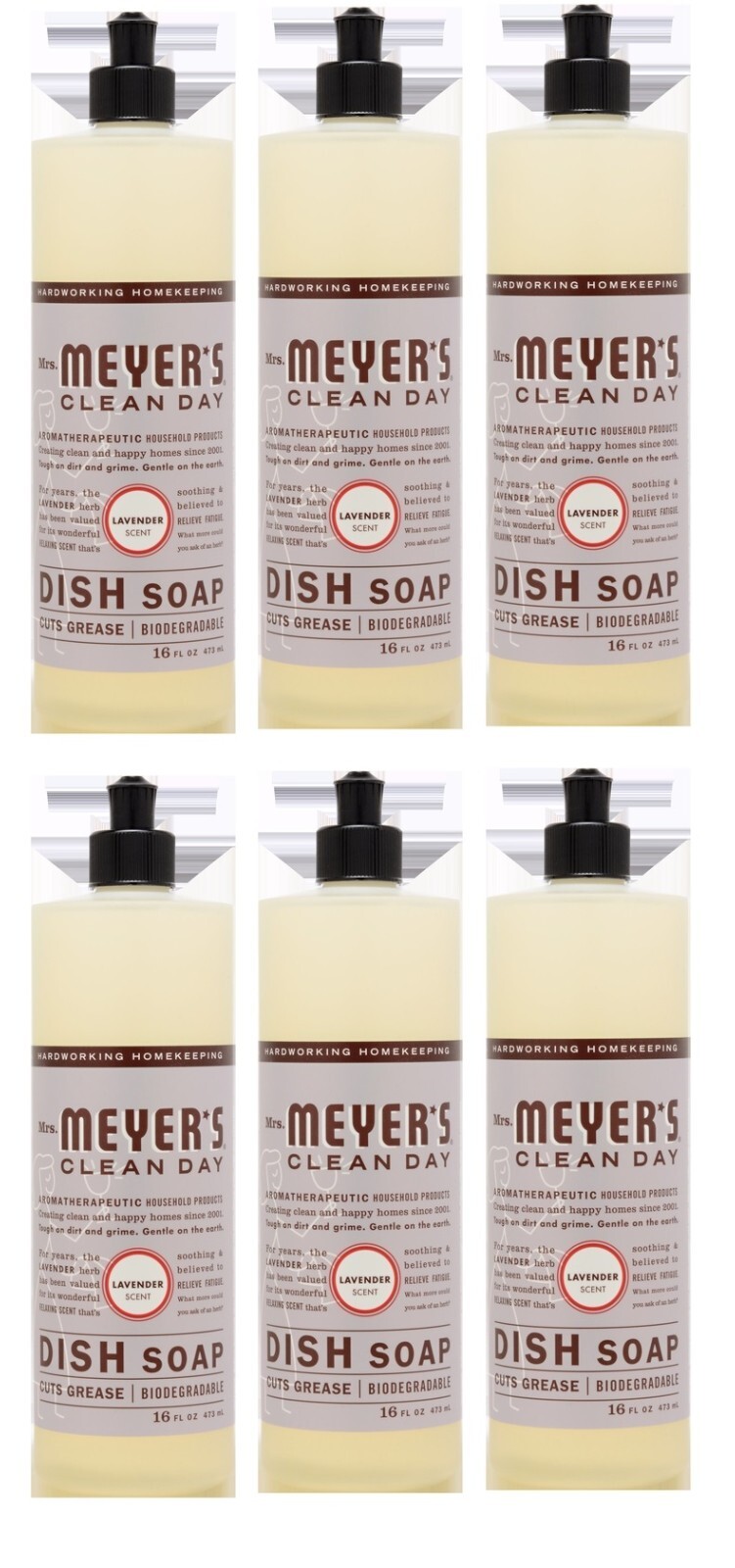 6 ~ Mrs Meyers Clean Day Dish Soap Cuts Grease Biodegradable Lavender Scent 16oz
