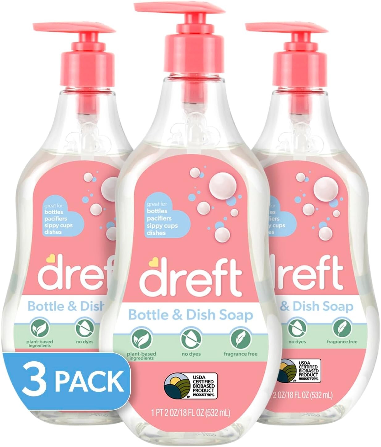 Dreft Bottle and Dish Soap, Fragrance Free Formula, Baby Bottle Wash, 18oz, 3 Pk