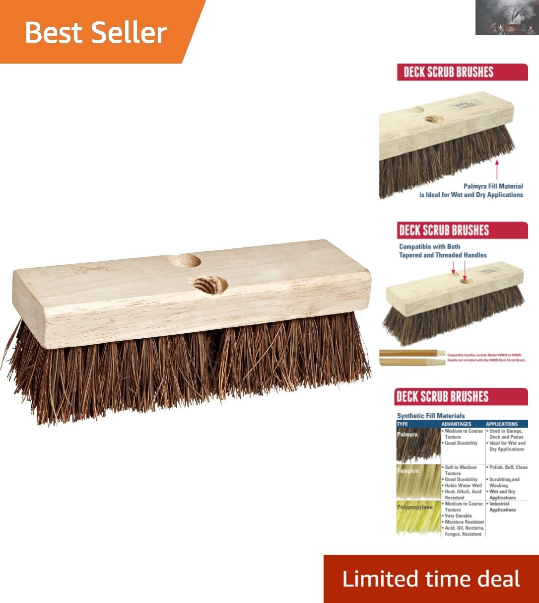 9″ Palmyra Fill Deck Scrub Brush – Heavy-Duty Wood Block for Tough Cleaning