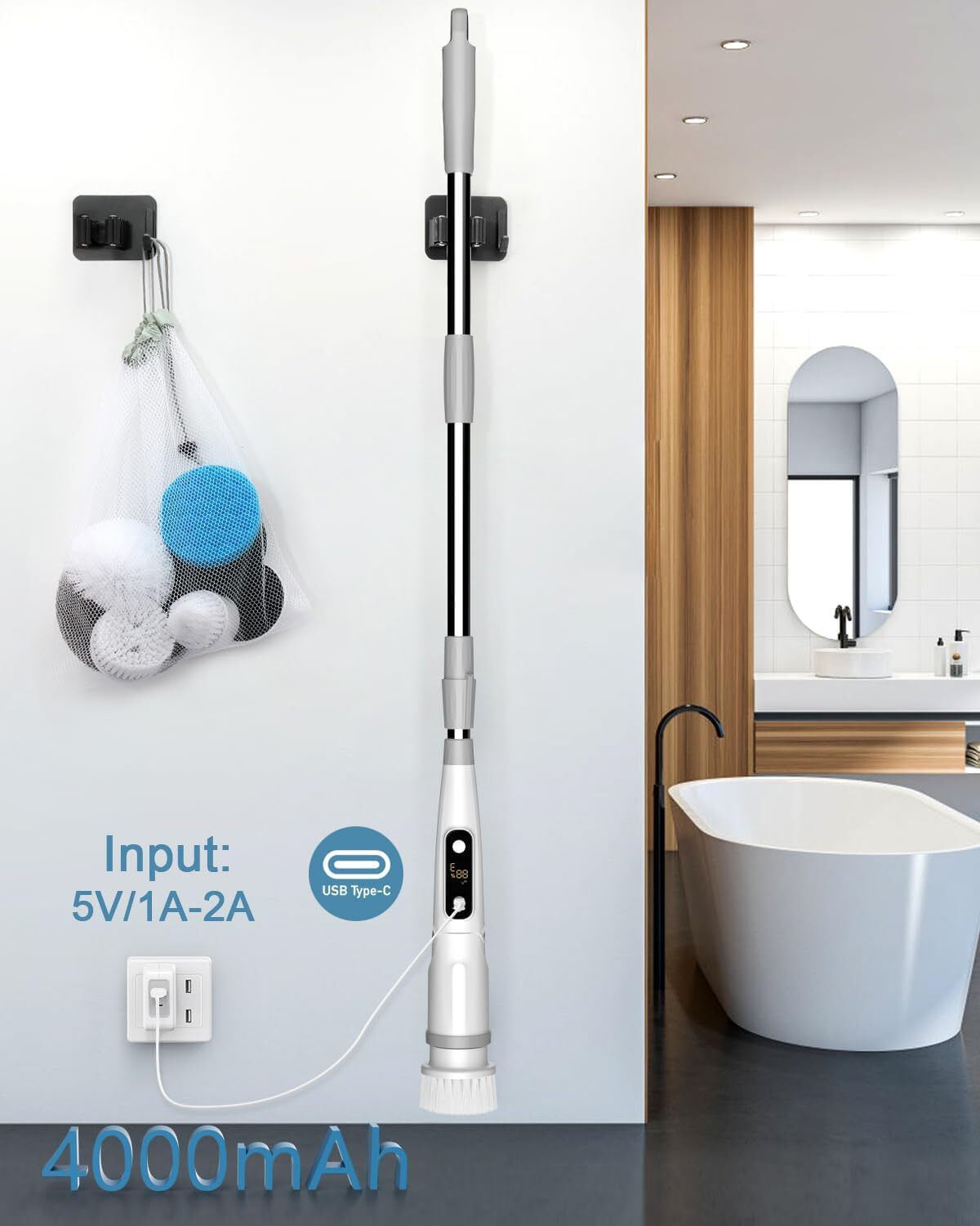Electric rotary scrubber cleaning brush, bathroom scrubber, 3 adjustable speeds