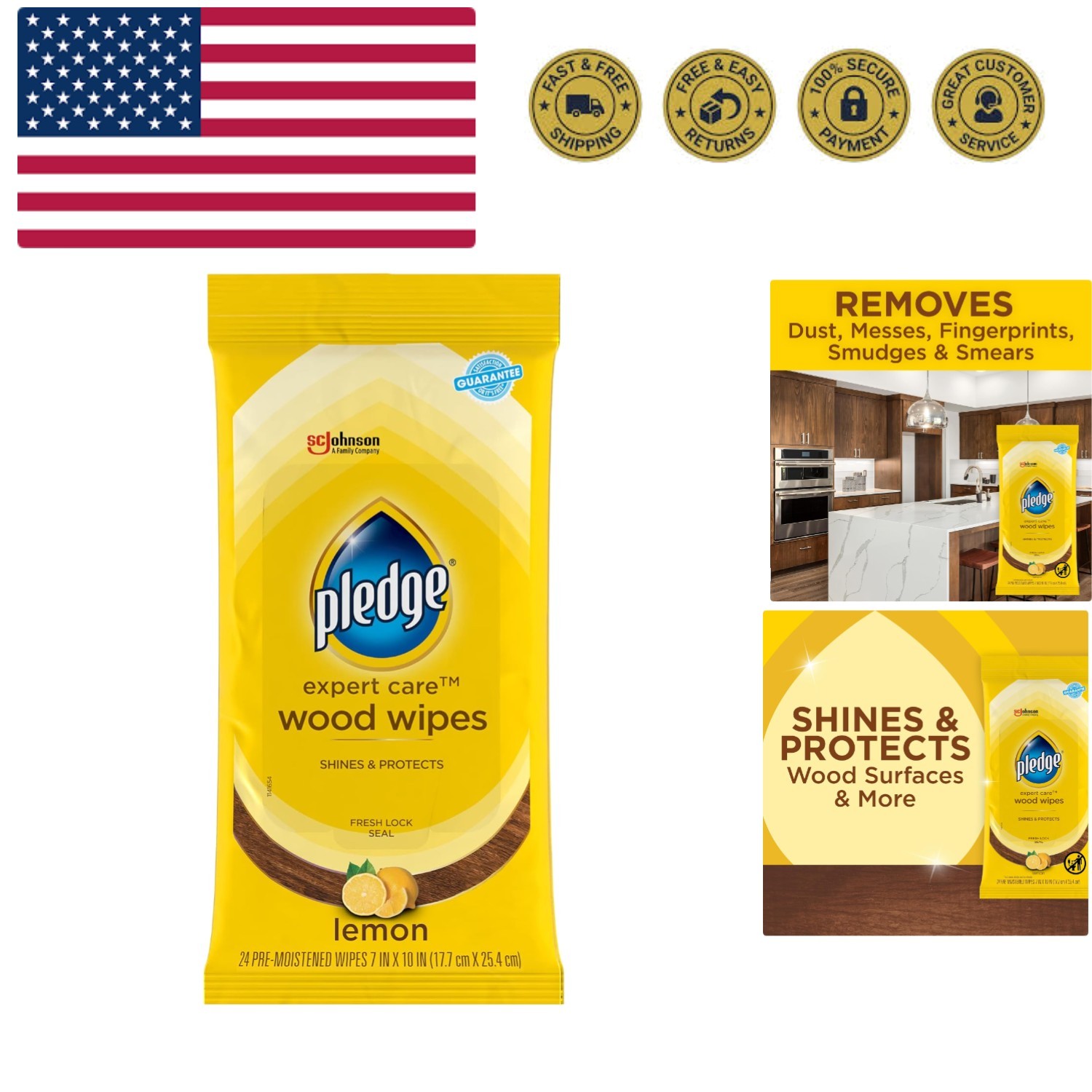 Expert Care Enhancing Wood Wipes, Lemon Scent, 24 Count