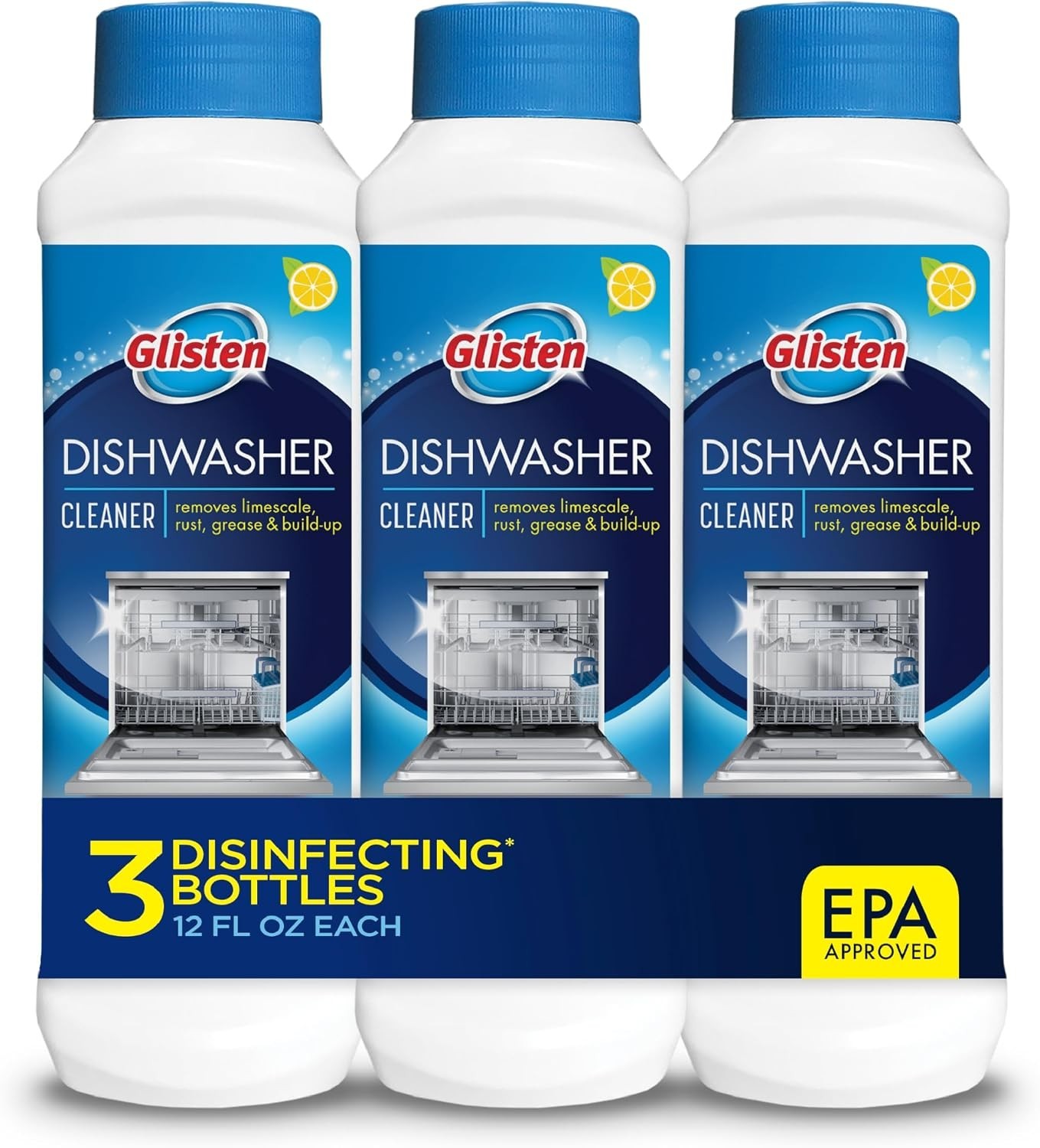 Lemon Scent Dishwasher Cleaner, 3-Pack, 12 oz Bottles, Remove Limescale & Grease