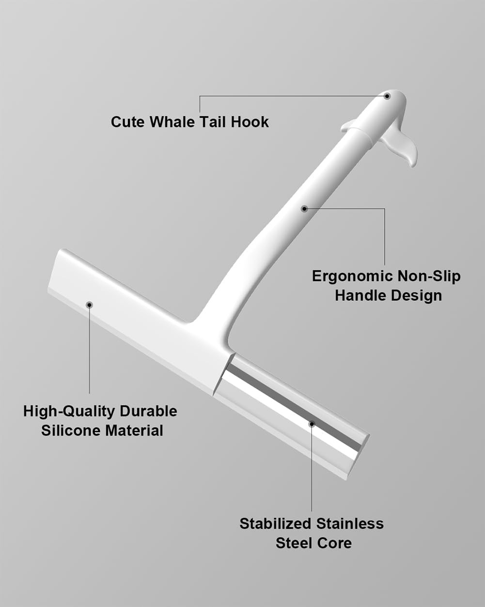 Shower Squeegee for Shower Glass Doors, Silicone Blade Whale Tail Hang Hook | 8″