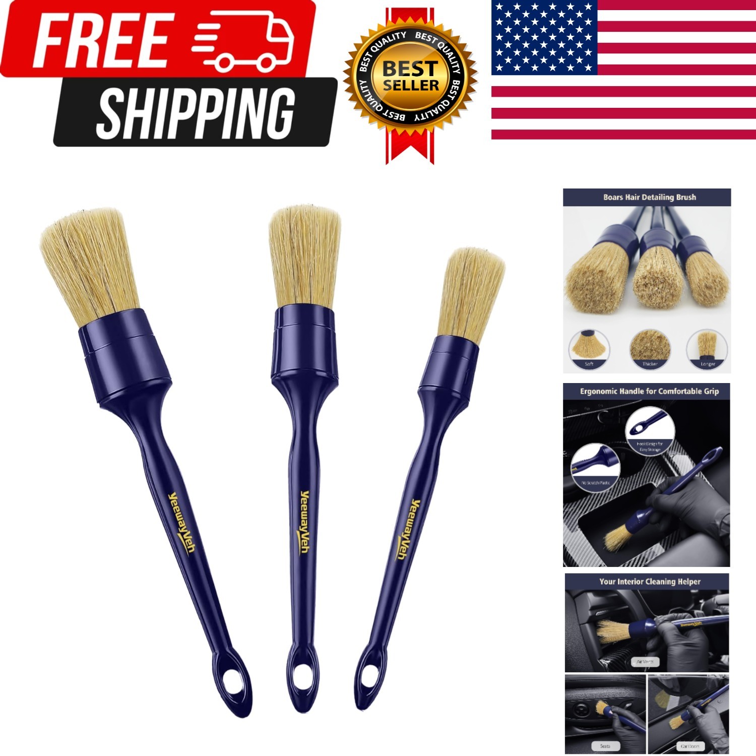 Car Detailing Brush Set, 3 Pack Ultra Soft Boars Hair Detailing Brushes for