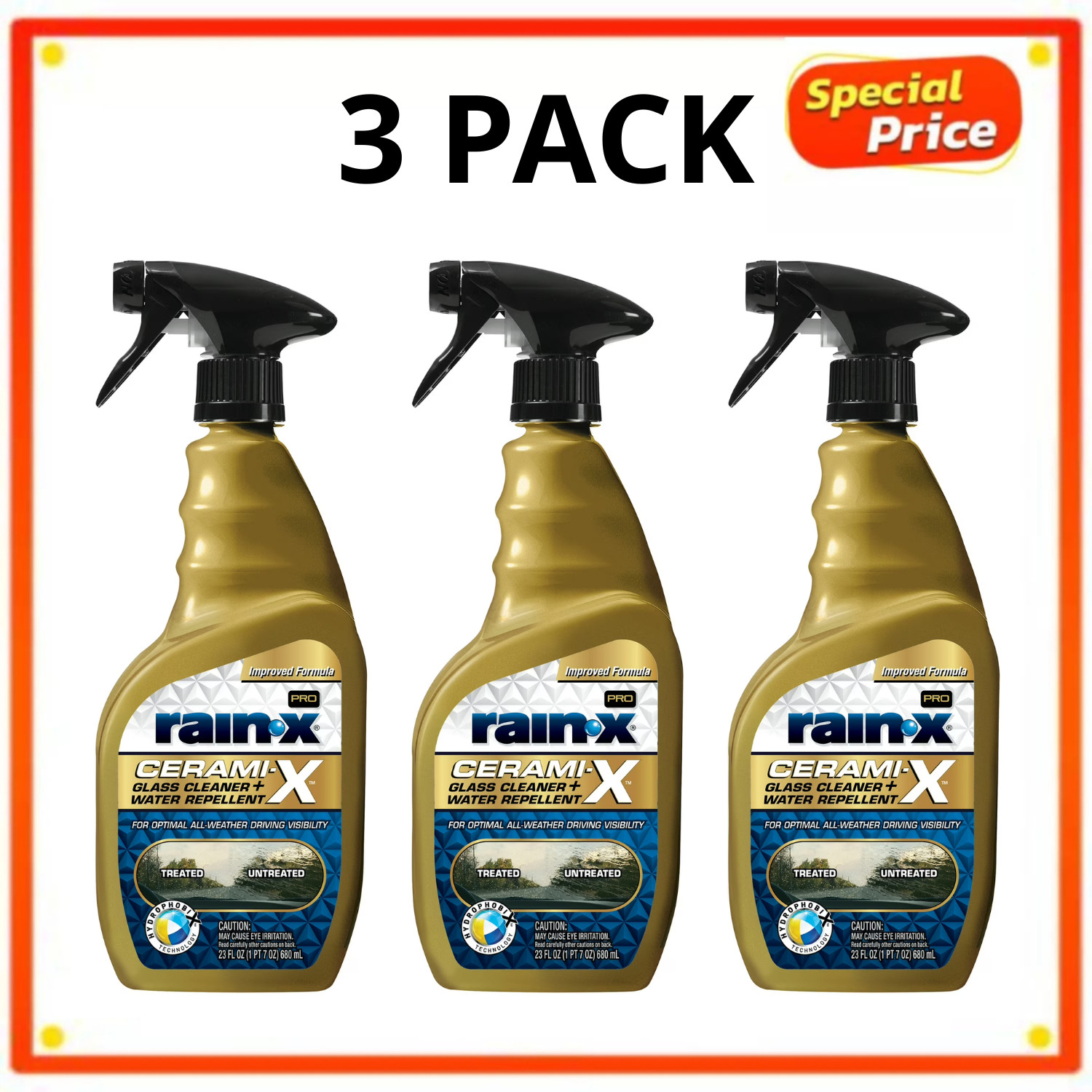 Rain-X Cerami-X Glass Cleaner Water Repellent 23oz Haze-Free Formula, 3 Pack