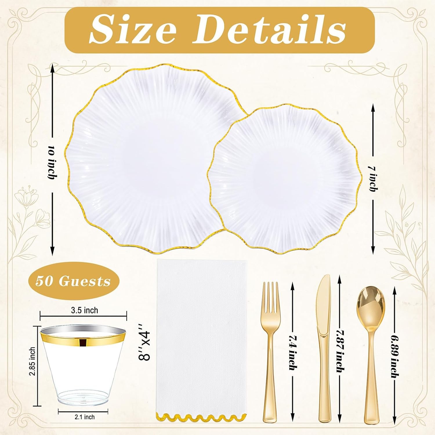 I00000 350 PCS White and Gold Plastic Plates for 50 Guests, Premium Scalloped