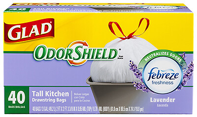 Tall Kitchen Bags 13 gal Lavender Scent Drawstring 40 pk 0.78 mil White