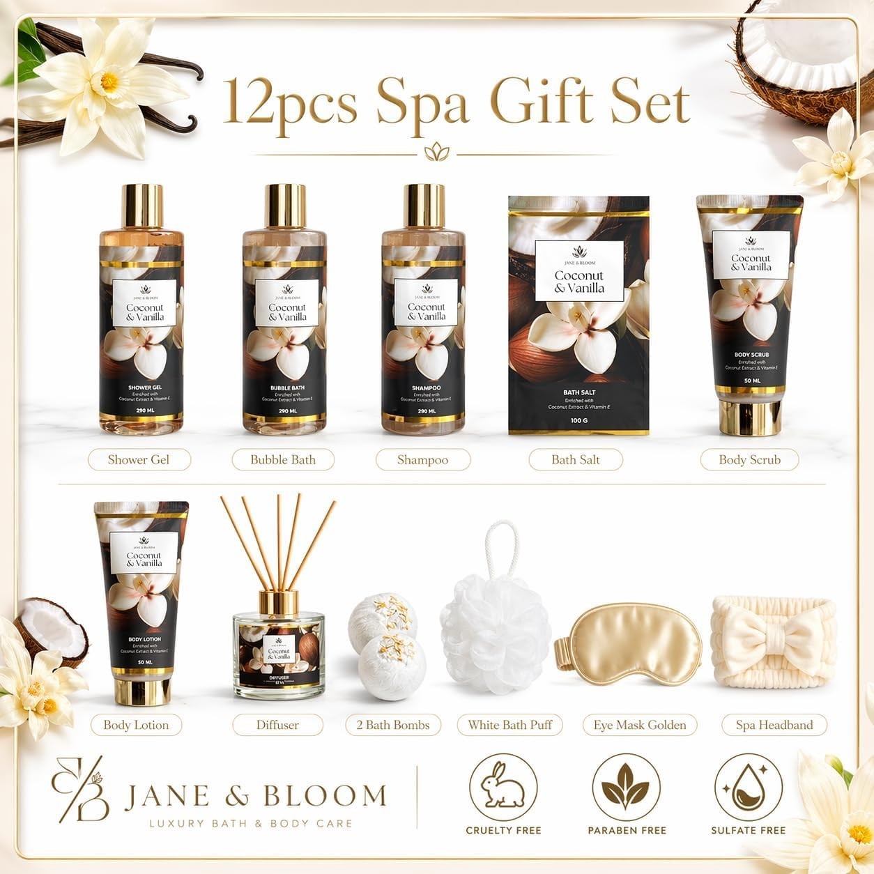 Spa Gift Basket for Women, Coconut & Vanilla 12-Piece Bath Gift Set with Showe