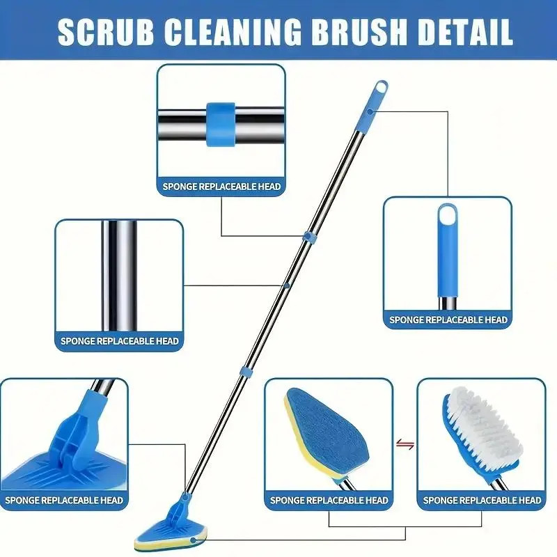 2 in 1 Retractable Bathroom Cleaning Brush Set 3 Sponge Heads Kitchen