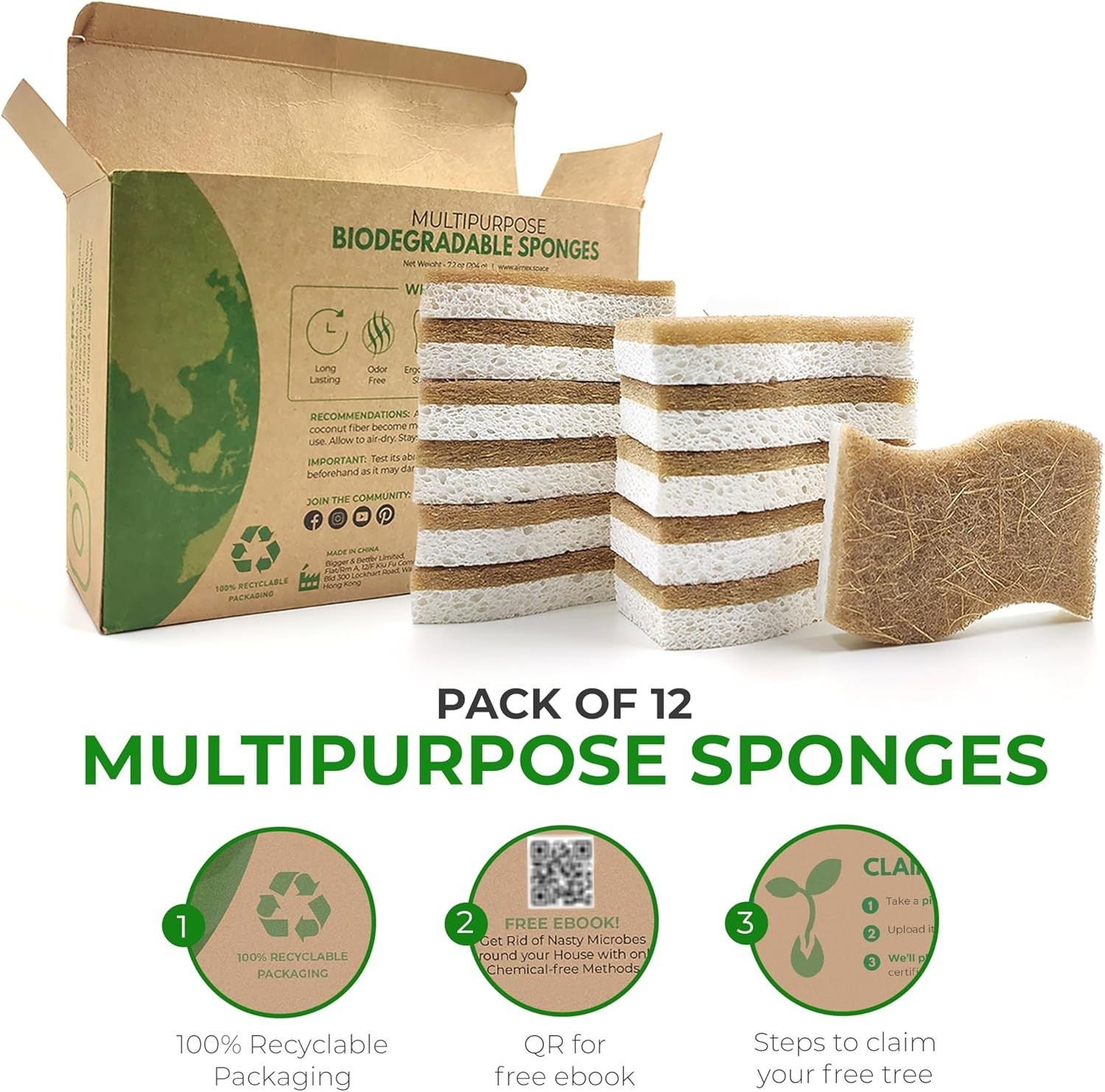 Natural Kitchen Sponges (12 Pack) – Biodegradable Cellulose & Coconut Scrubber
