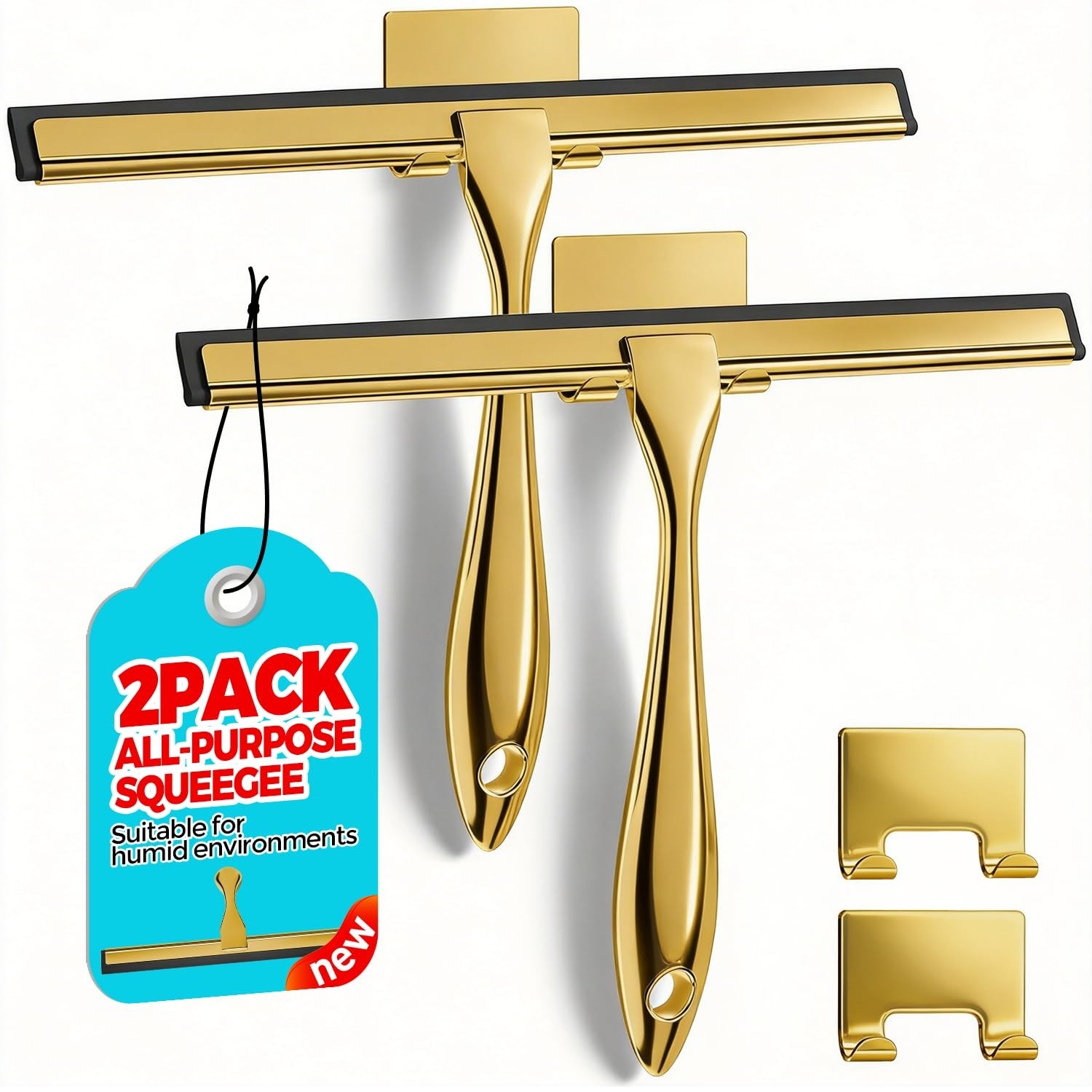 2pcs Gold Shower Squeegee Set with Hook | 10” Soft Rubber Blade, Metal Handle, B