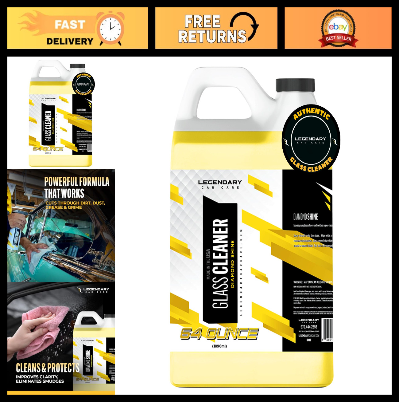 Legendary Glass Cleaner 64oz Auto Window & Windshield Spray, Ammonia-Free