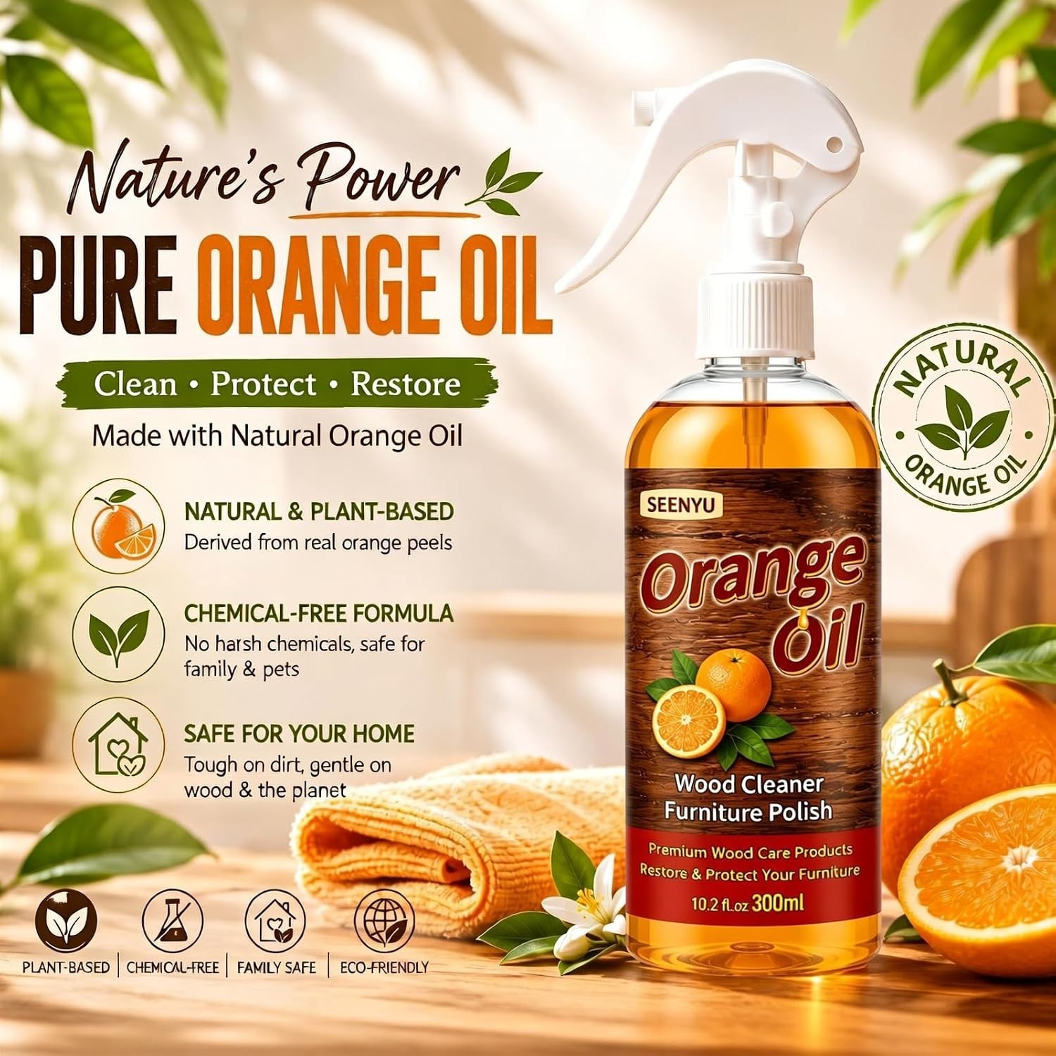 Professional-Grade Wood Cleaner & Polish with Orange Oil – Non-Toxic 10.2 Fl Oz